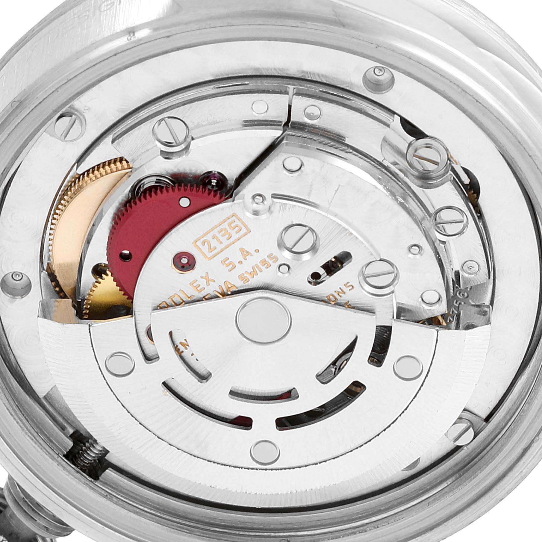 The image shows an internal view of the Rolex Mid-Size 68274 Women's Stainless Steel Blue Dial 68274 Women's Stainless Steel Blue Dial watch movement mechanism at a close-up angle.