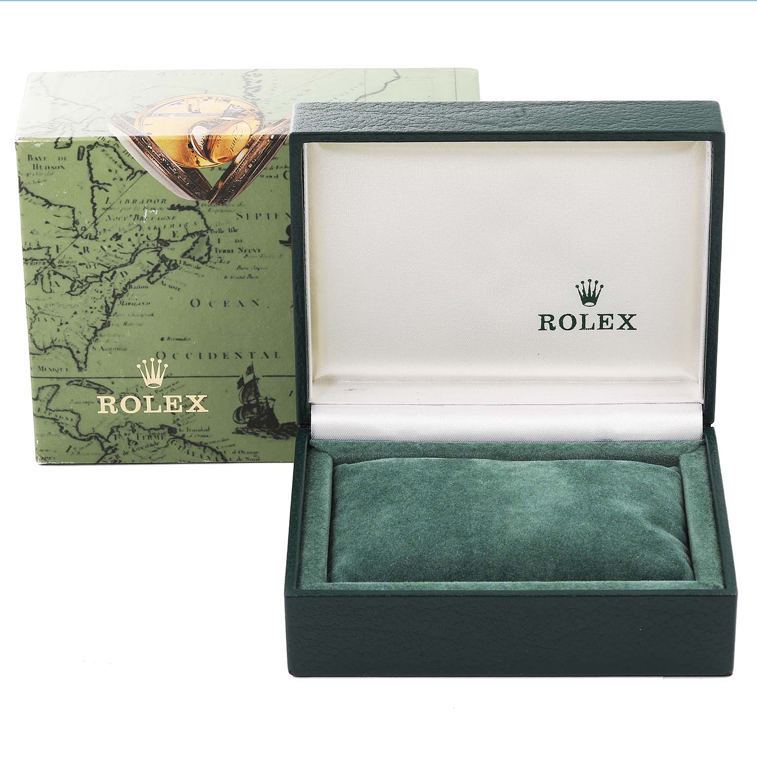 The image shows a green Rolex watch box, including the outer decorative box and the inner box with a cushioned pillow.