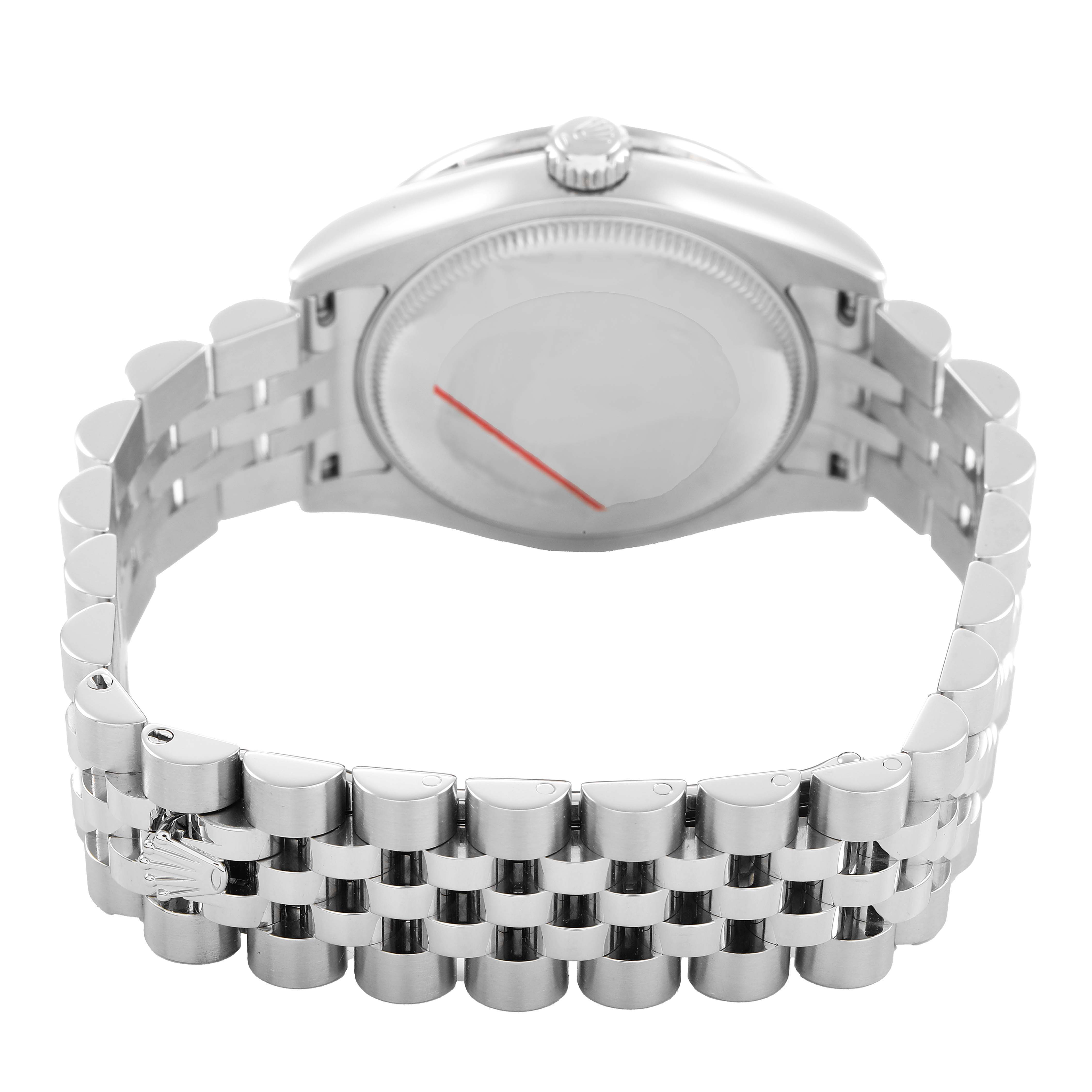 The image shows the back view of a Rolex Datejust 178384 Women's Stainless Steel Blue Dial watch, highlighting the case, crown, and Jubilee bracelet.