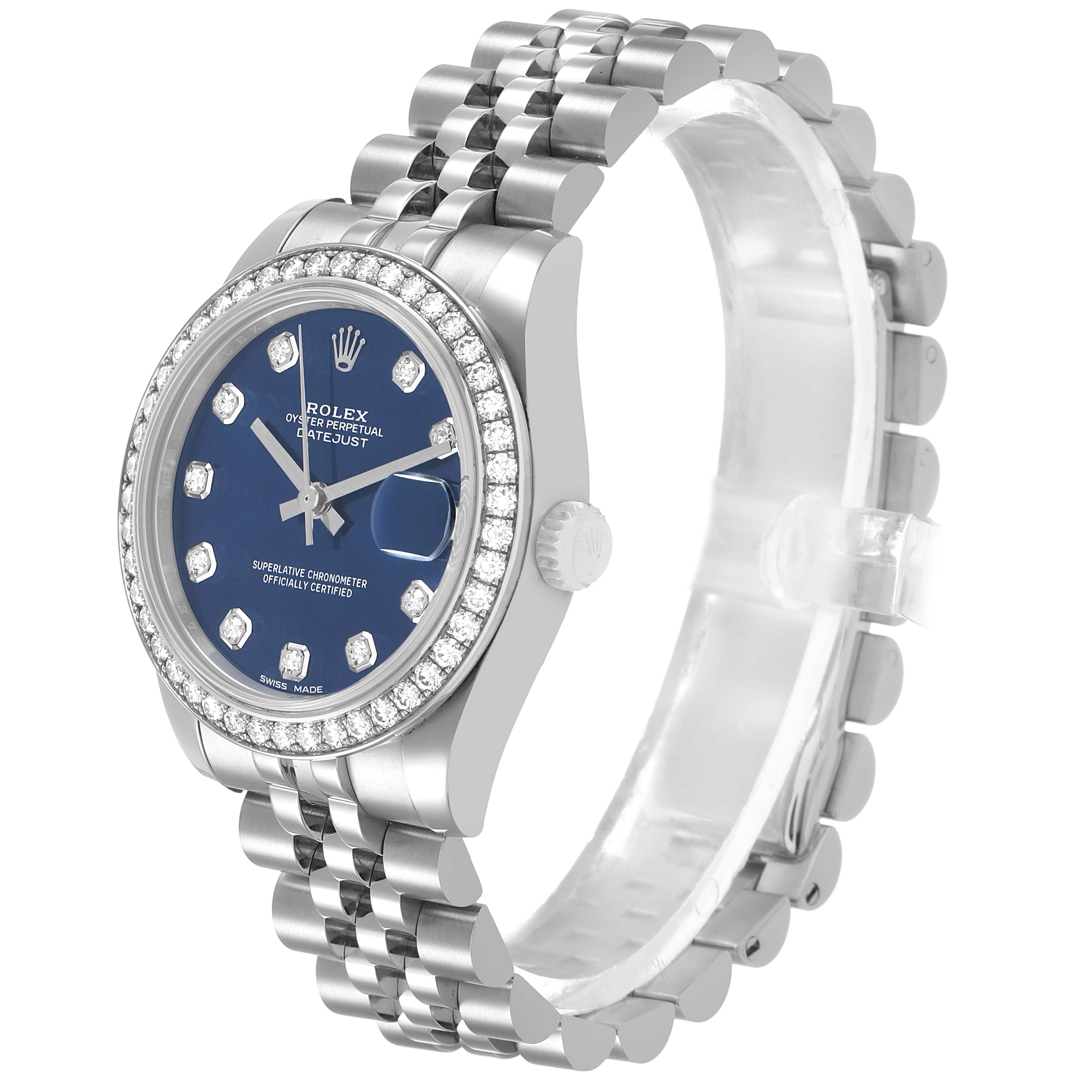 The Rolex Datejust 178384 Women's Stainless Steel Blue Dial is shown at a 3/4 angle, highlighting the bezel, dial, crown, and bracelet.
