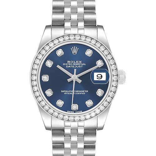 The Rolex Datejust 178384 Women's Stainless Steel Blue Dial watch is shown from the front, displaying the dial, diamond bezel, and bracelet.