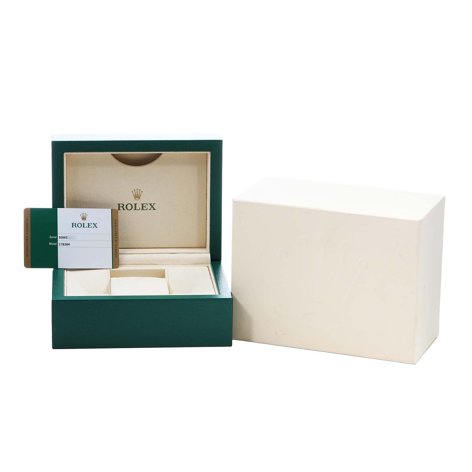 The image shows a Rolex Datejust 178384 Women's Stainless Steel Blue Dial box, the inner watch box, and a card at a front angle.
