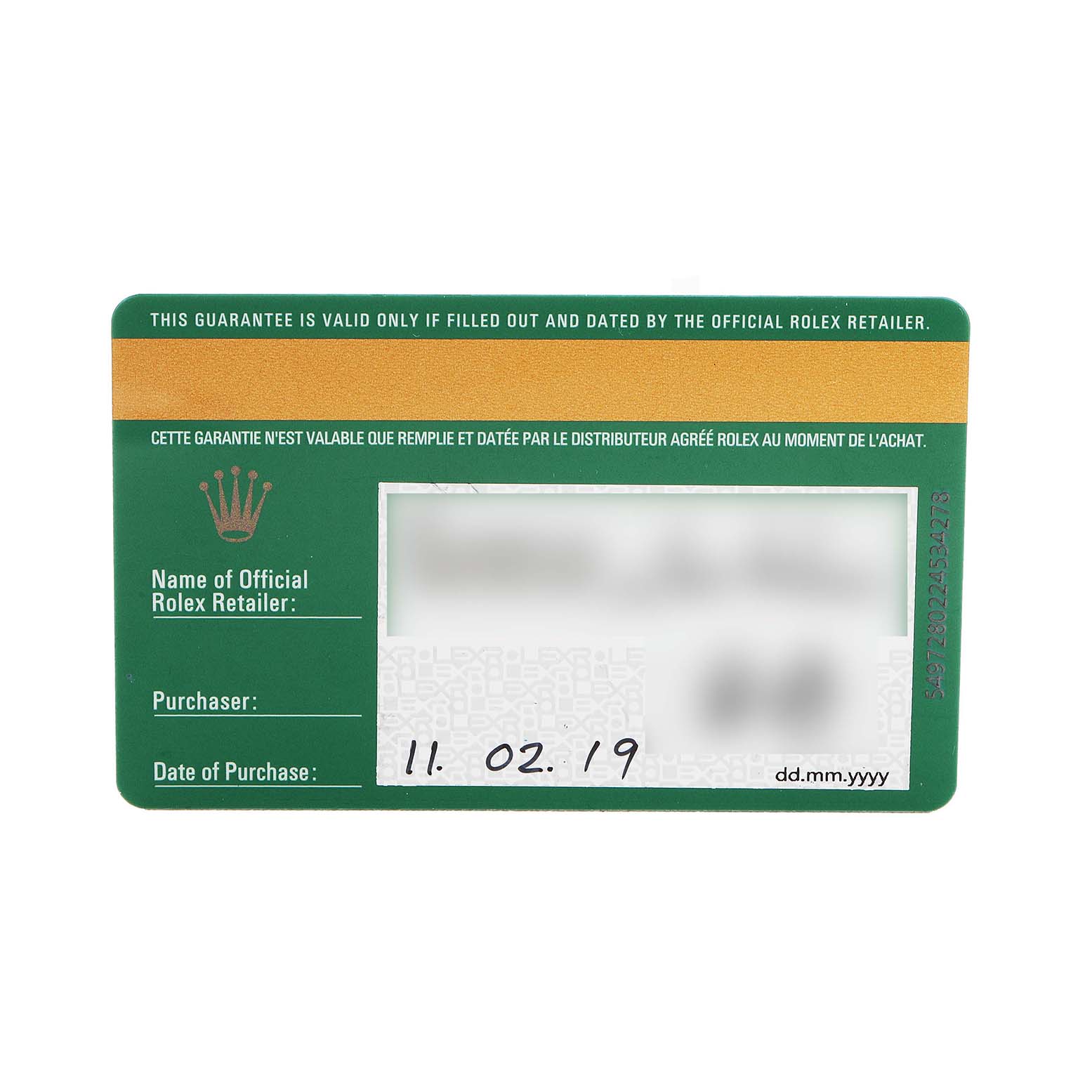 This image shows a warranty card for the Rolex Datejust 178384 Women's Stainless Steel Blue Dial, displaying retailer information and purchase date.
