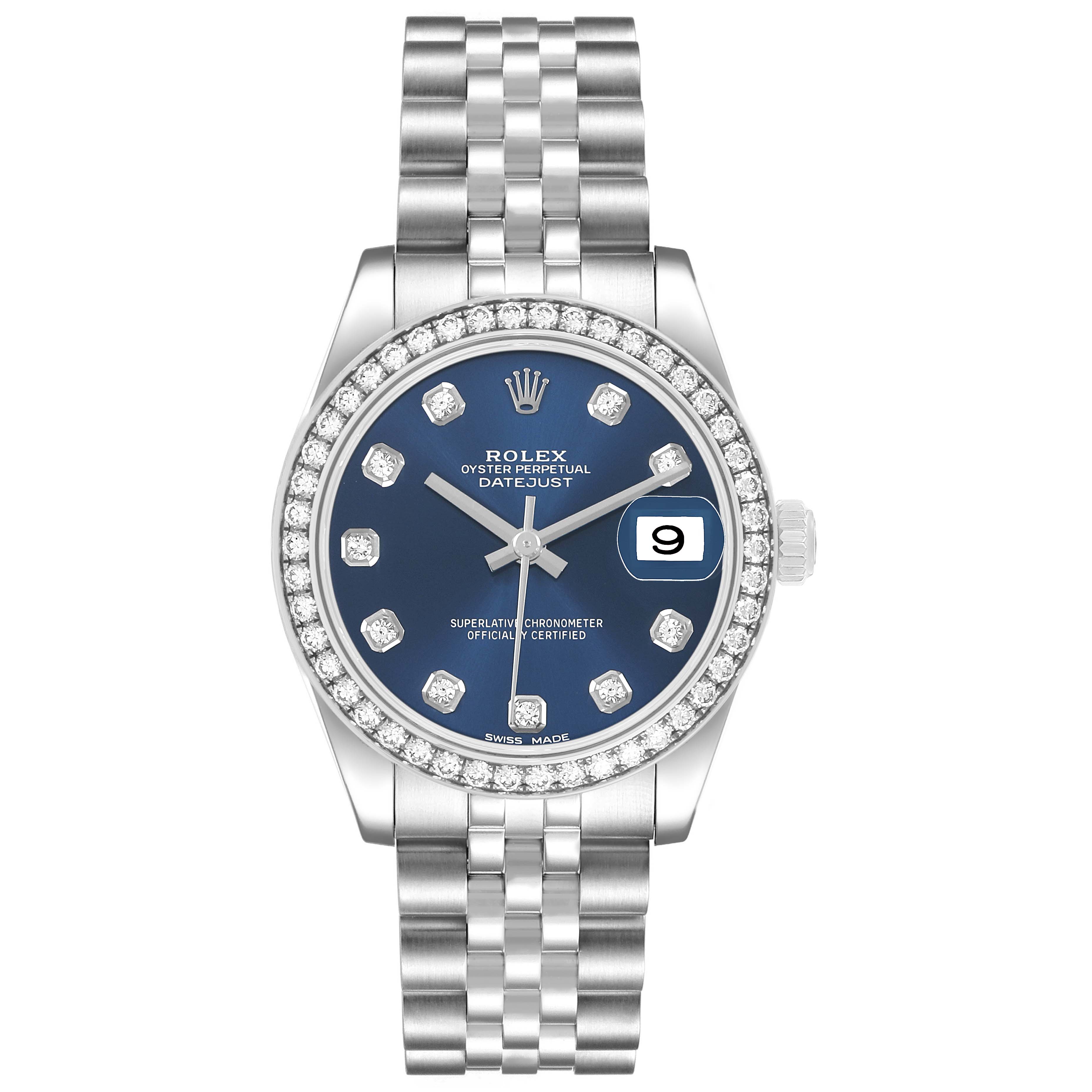 The Rolex Datejust 178384 Women's Stainless Steel Blue Dial watch is shown from the front, displaying the dial, bezel, bracelet, and crown.