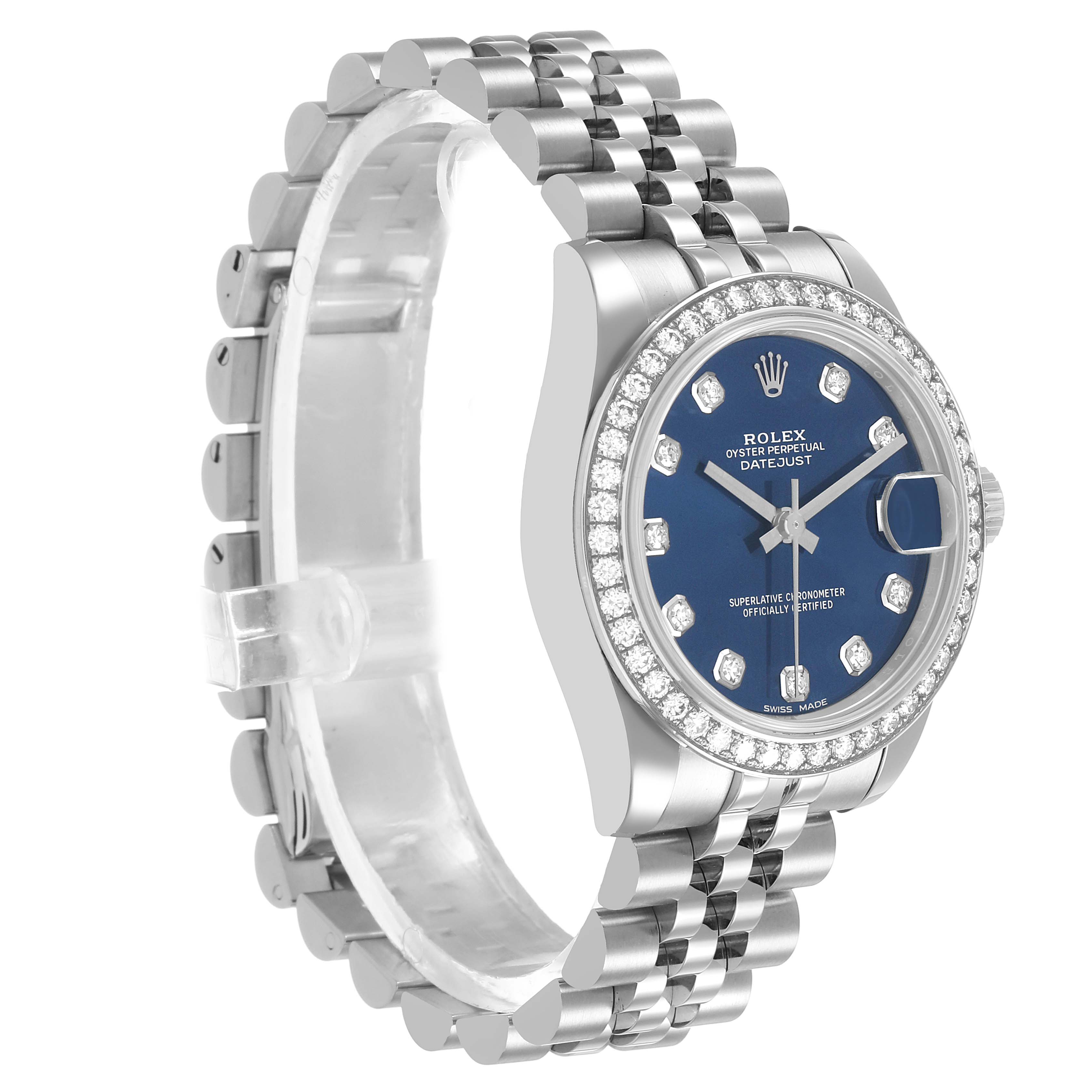 The Rolex Datejust 178384 Women's Stainless Steel Blue Dial watch is shown at an angle highlighting the diamond bezel, blue dial, jubilee bracelet, and side profile.