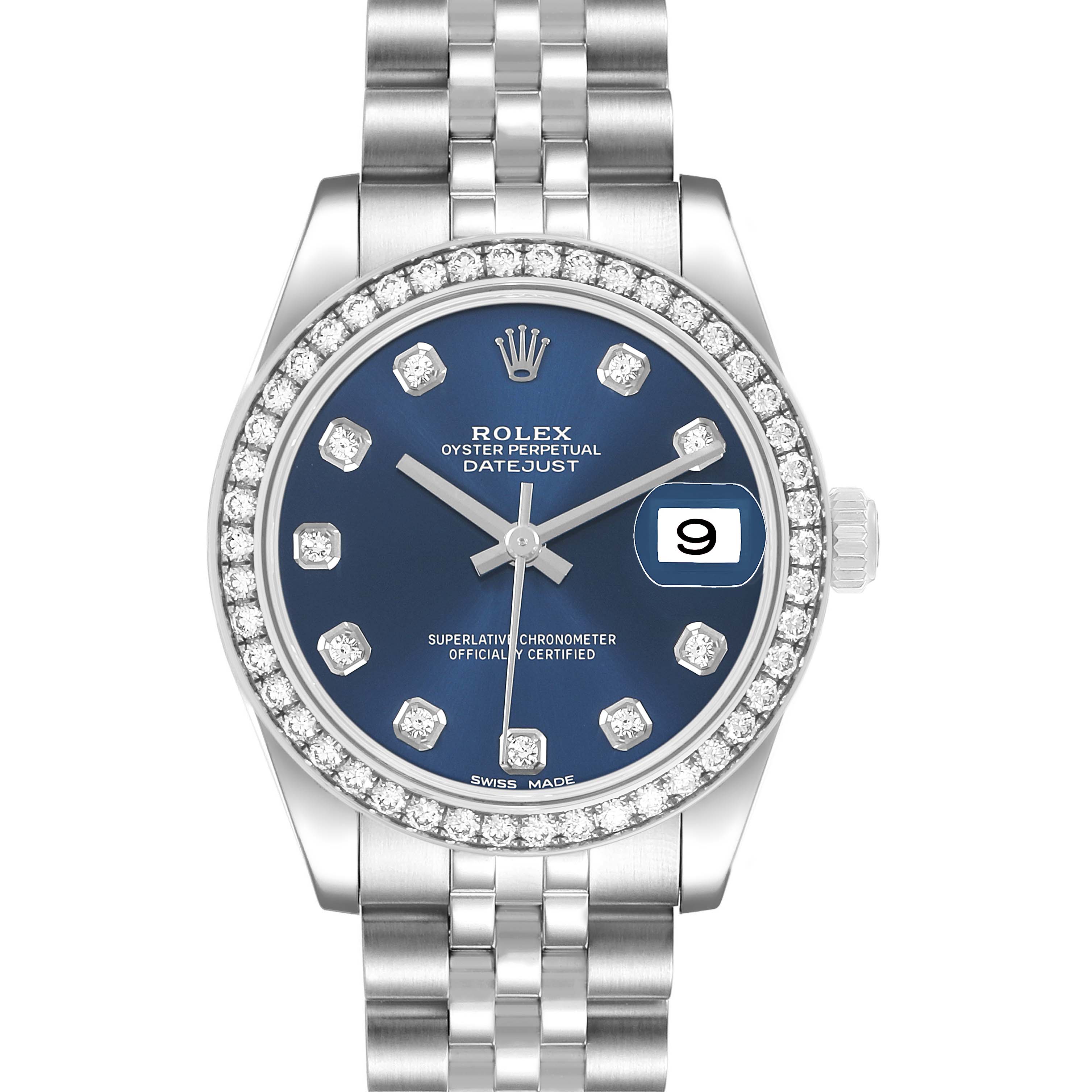 The Rolex Datejust 178384 Women's Stainless Steel Blue Dial watch is shown from the front, displaying the dial, bezel, and part of the bracelet.