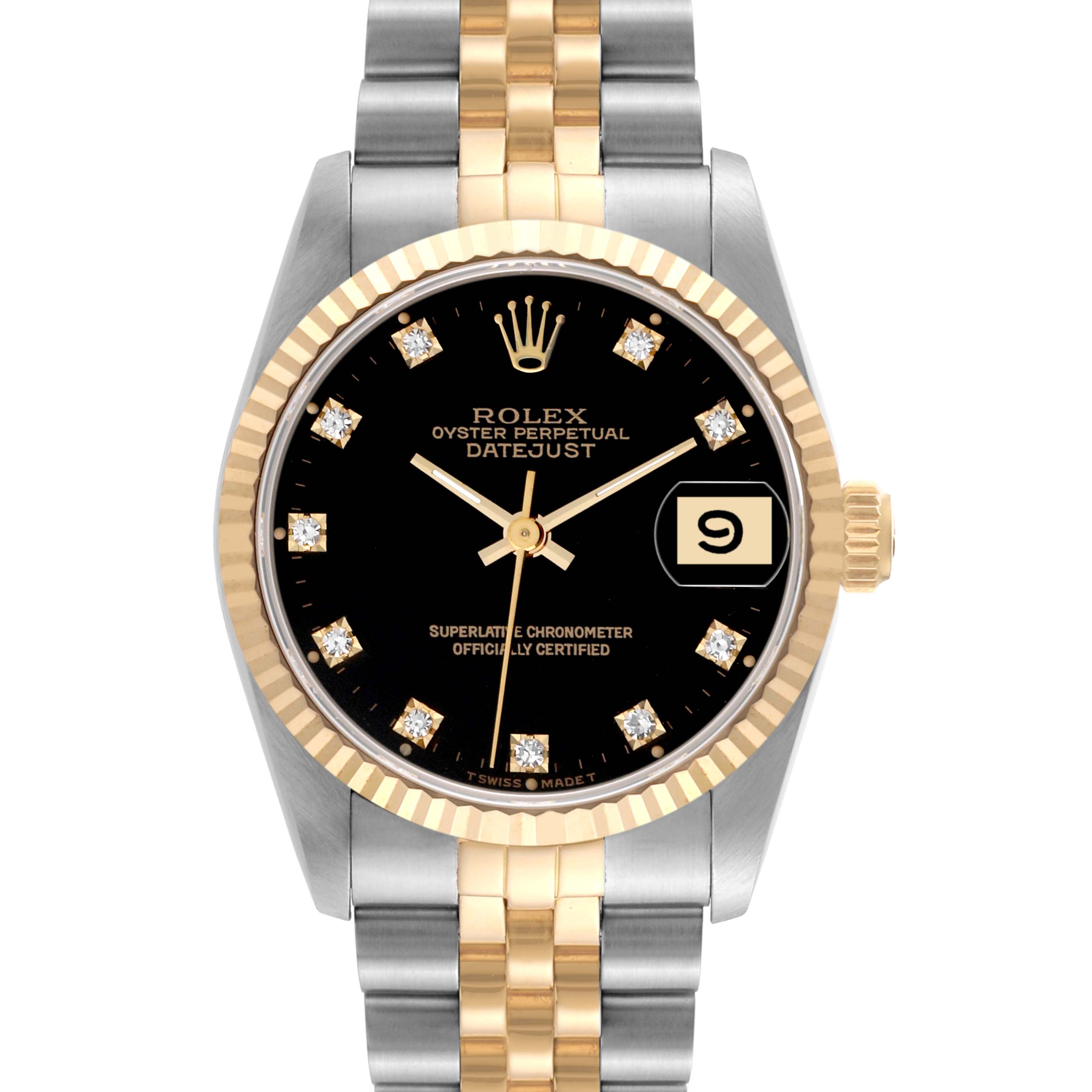 This image shows a front view of a Rolex Datejust Mid-Size model featuring a black dial, gold bezel, and two-tone bracelet.