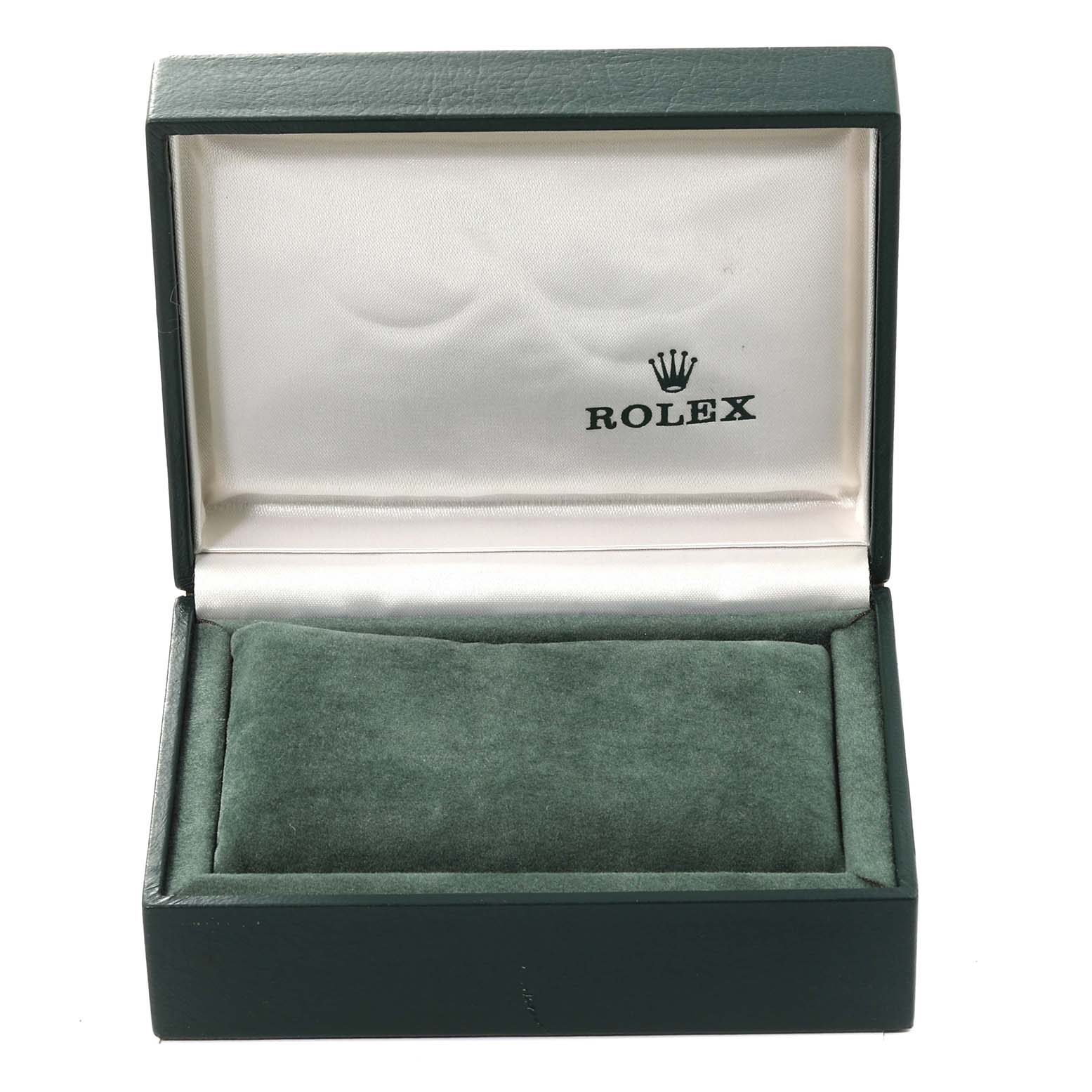 This image shows an open Rolex watch box, with a green interior designed for a Mid-Size Rolex model.