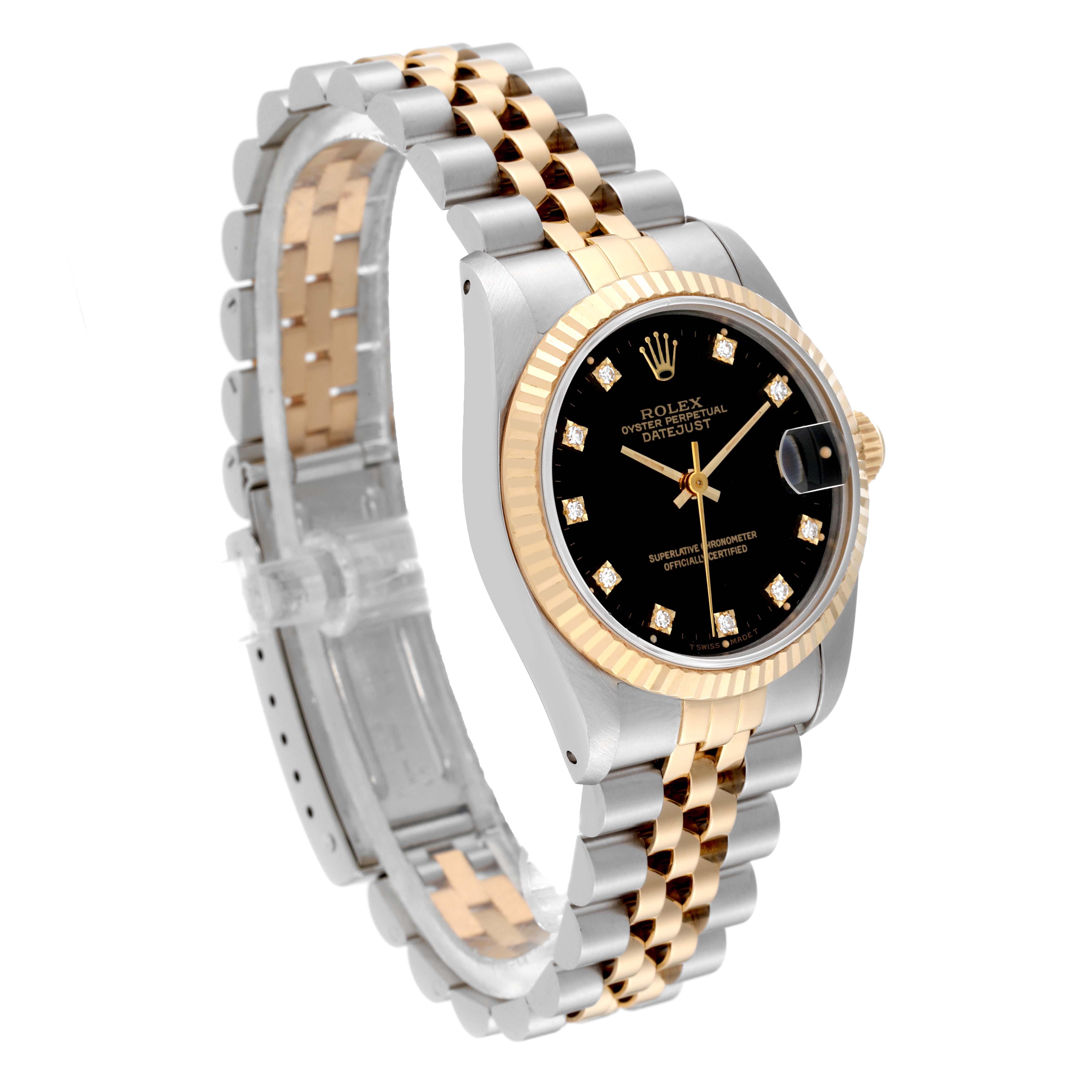 This image shows a side and front view of a Rolex Mid-Size 68273 Women's Steel and Gold (two tone) Black Dial 68273 Women's Steel and Gold (two tone) Black Dial Datejust watch, highlighting its two-tone metal band and black dial with diamond markers.