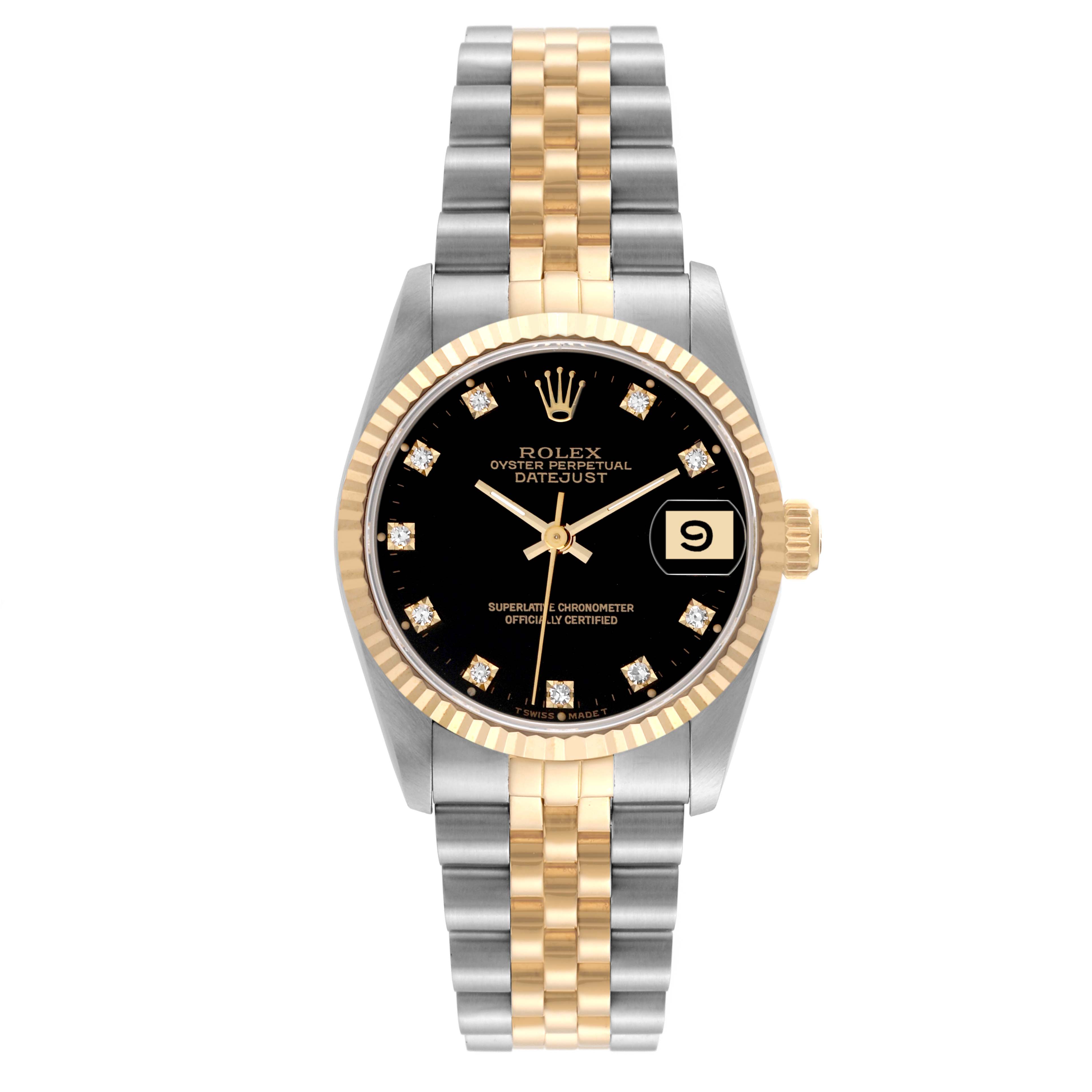 This image shows a front view of a Rolex Mid-Size 68273 Women's Steel and Gold (two tone) Black Dial 68273 Women's Steel and Gold (two tone) Black Dial Datejust watch with a black dial and gold and silver bracelet.