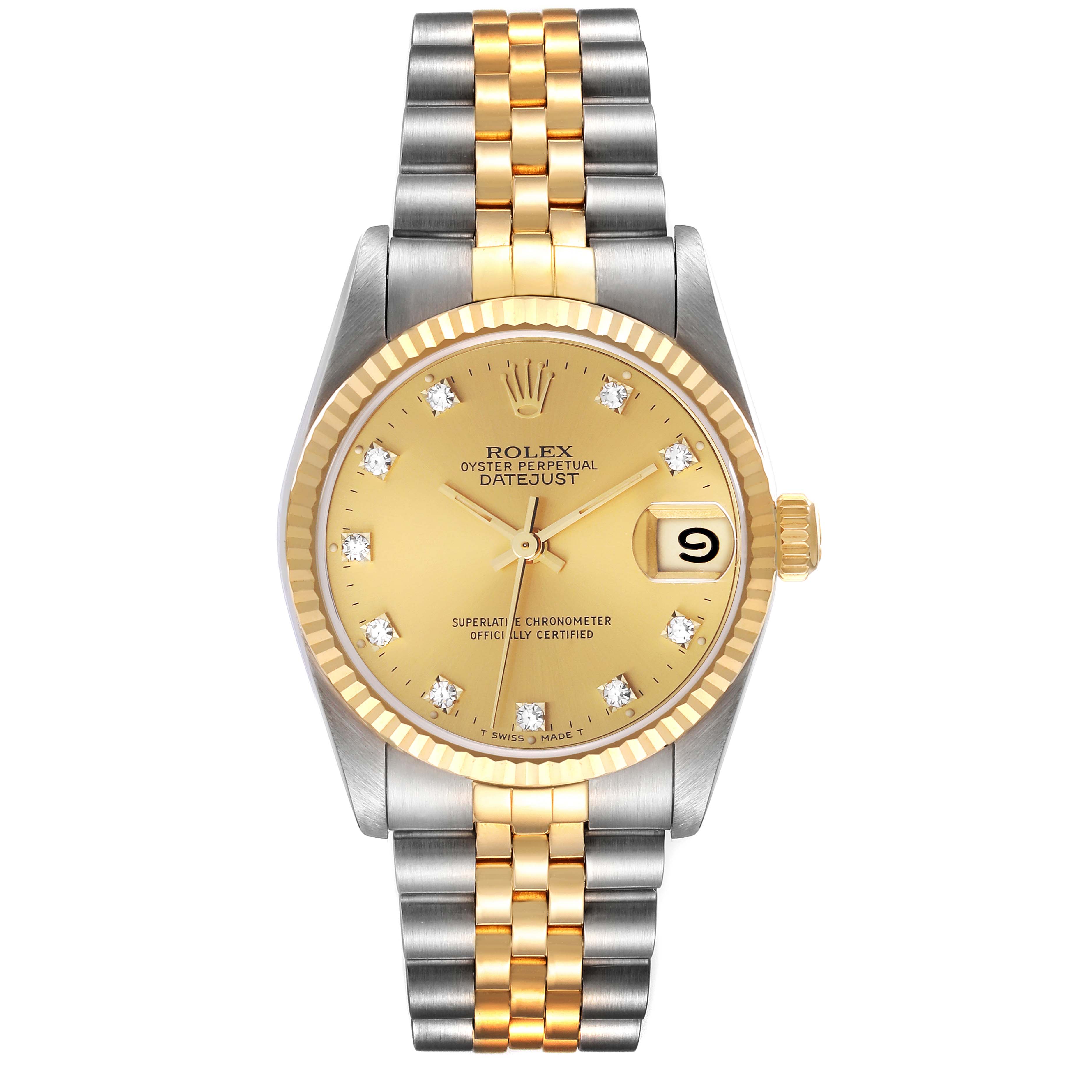 This Rolex Mid-Size 68273 Women's Steel and Gold (two tone) Champagne Dial 68273 Women's Steel and Gold (two tone) Champagne Dial Oyster Perpetual Datejust watch is shown from a front angle, displaying the dial, bezel, crown, and the two-tone bracelet.