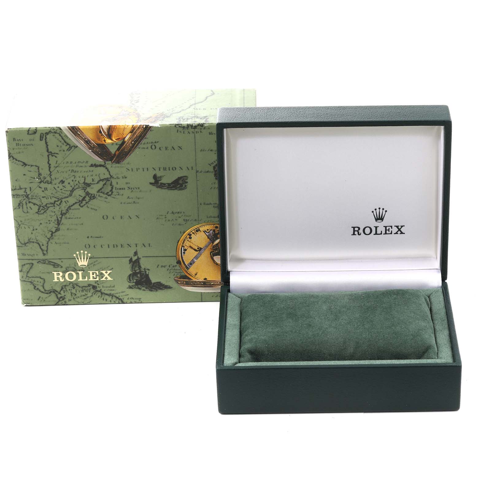 This image shows an open Rolex watch box and its decorative outer box for a Mid-Size model, viewed from the front.