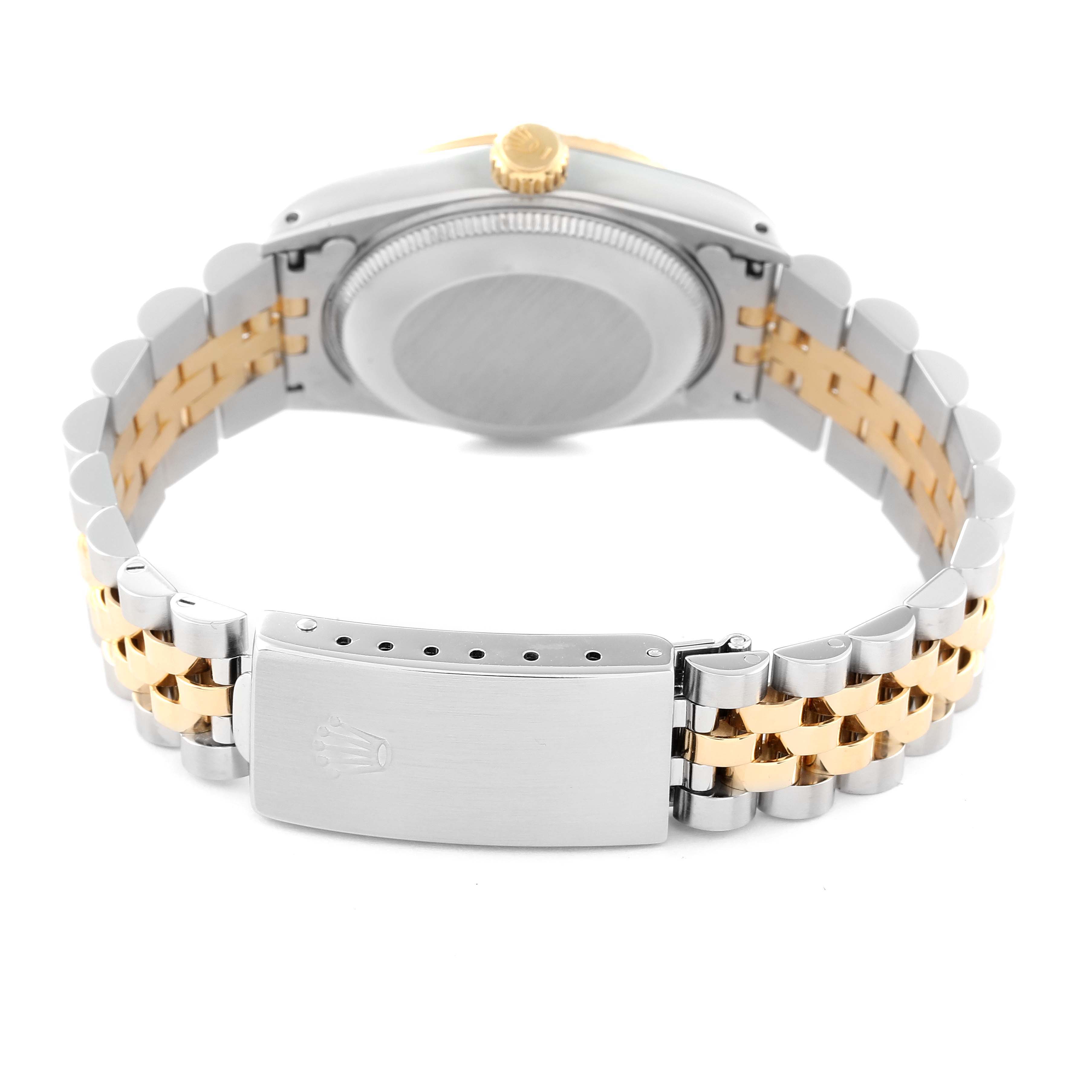 The image shows the back of a Rolex Mid-Size 68273 Women's Steel and Gold (two tone) Champagne Dial 68273 Women's Steel and Gold (two tone) Champagne Dial watch, highlighting its case, crown, and two-tone bracelet with clasp.