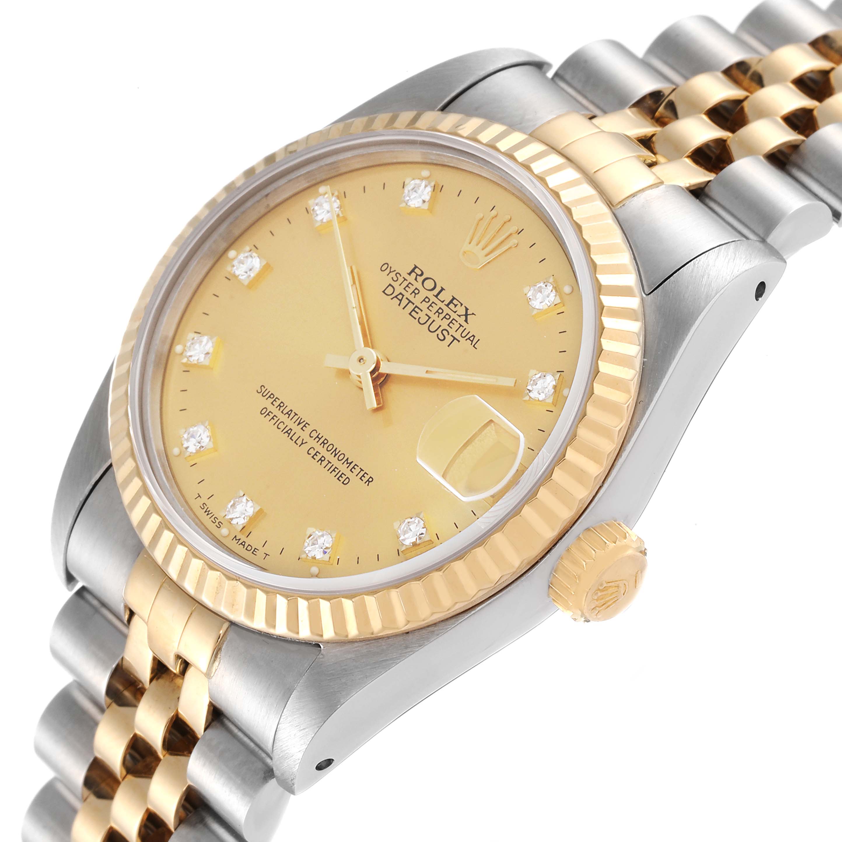 The Rolex Mid-Size 68273 Women's Steel and Gold (two tone) Champagne Dial 68273 Women's Steel and Gold (two tone) Champagne Dial watch is shown from an angle highlighting the dial, bezel, crown, and bracelet.