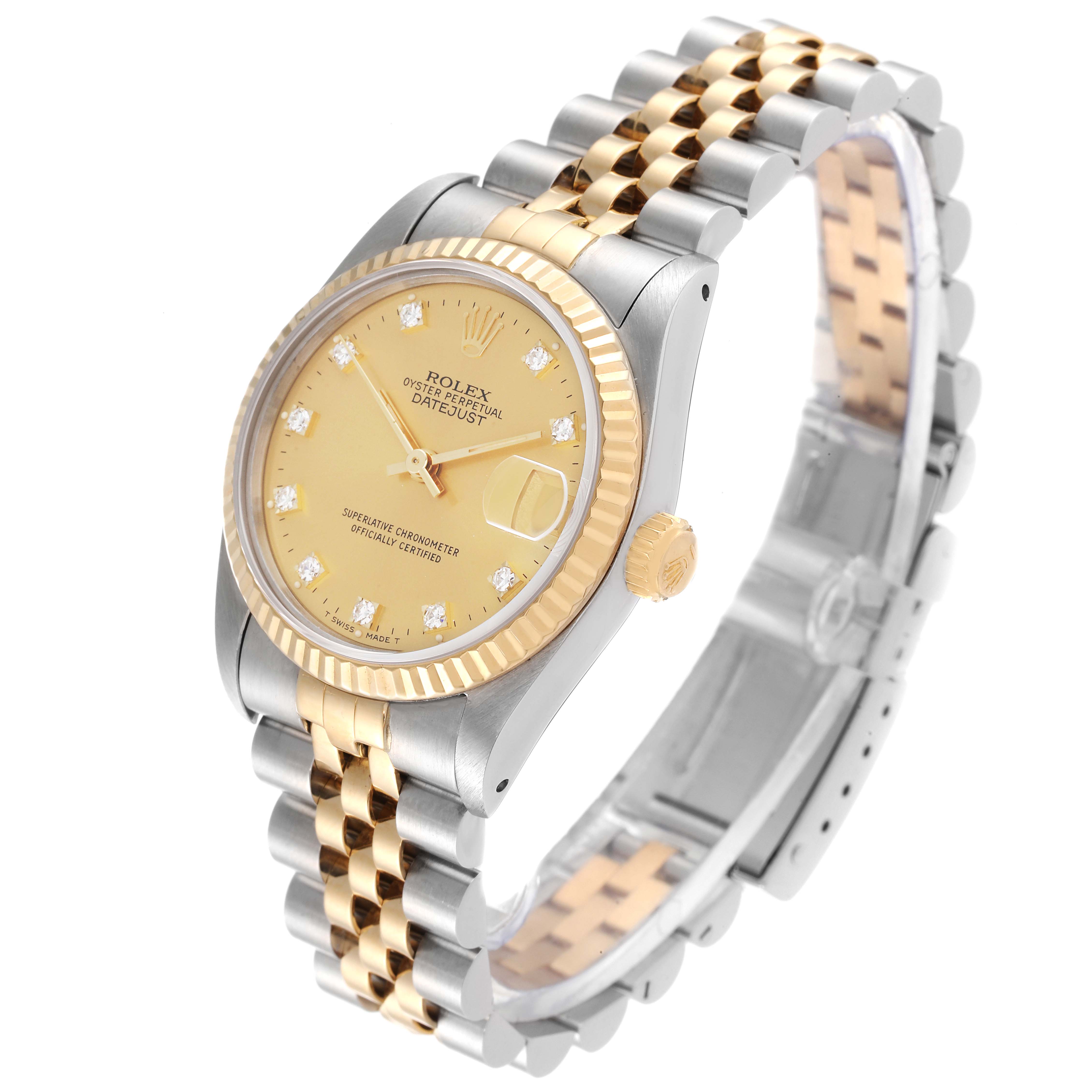 This image shows a Mid-Size Rolex Datejust watch at a three-quarter angle, highlighting its dial, fluted bezel, case, and two-tone bracelet.