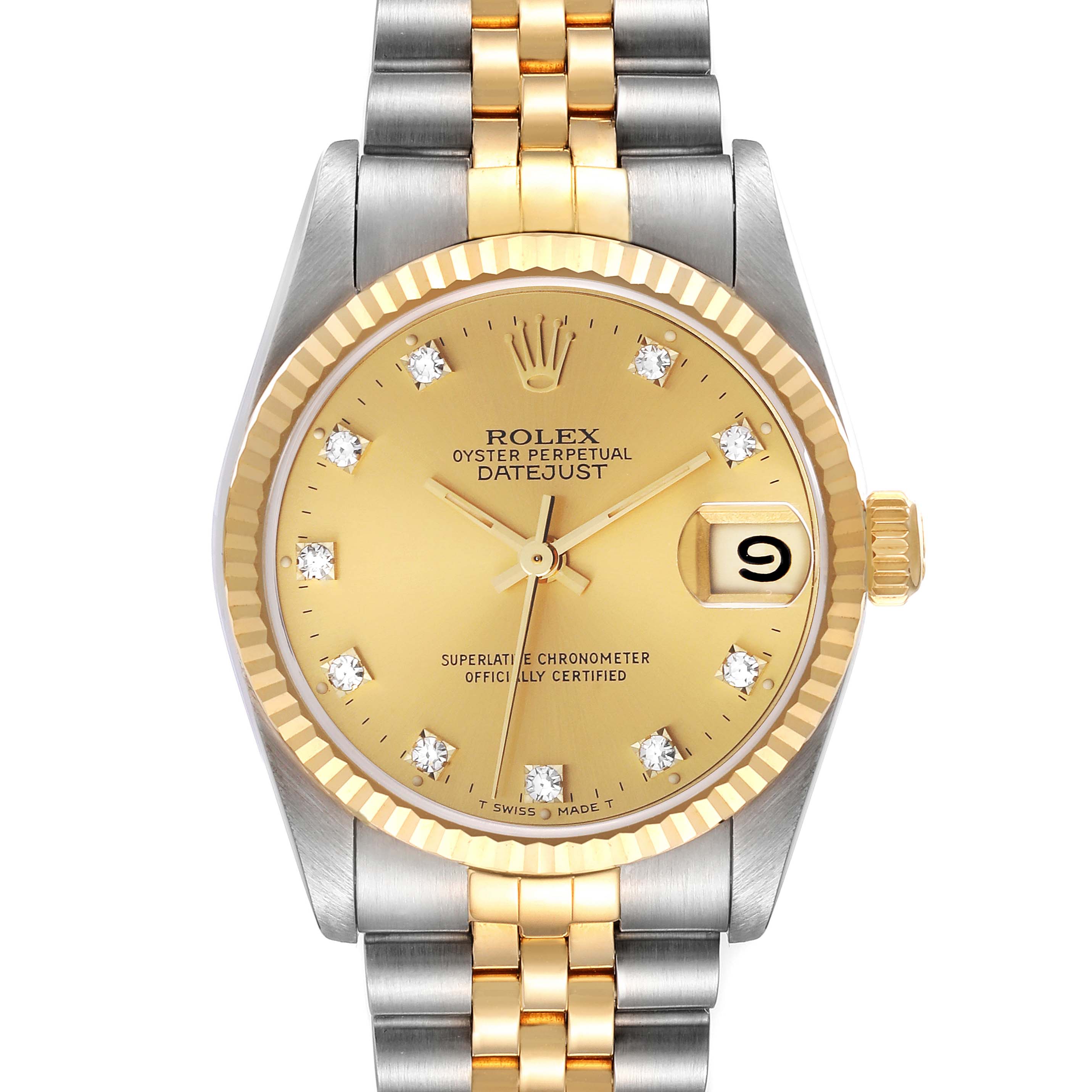 This image shows a front view of a Rolex Oyster Perpetual Datejust Mid-Size watch, highlighting its gold dial and two-tone bracelet.