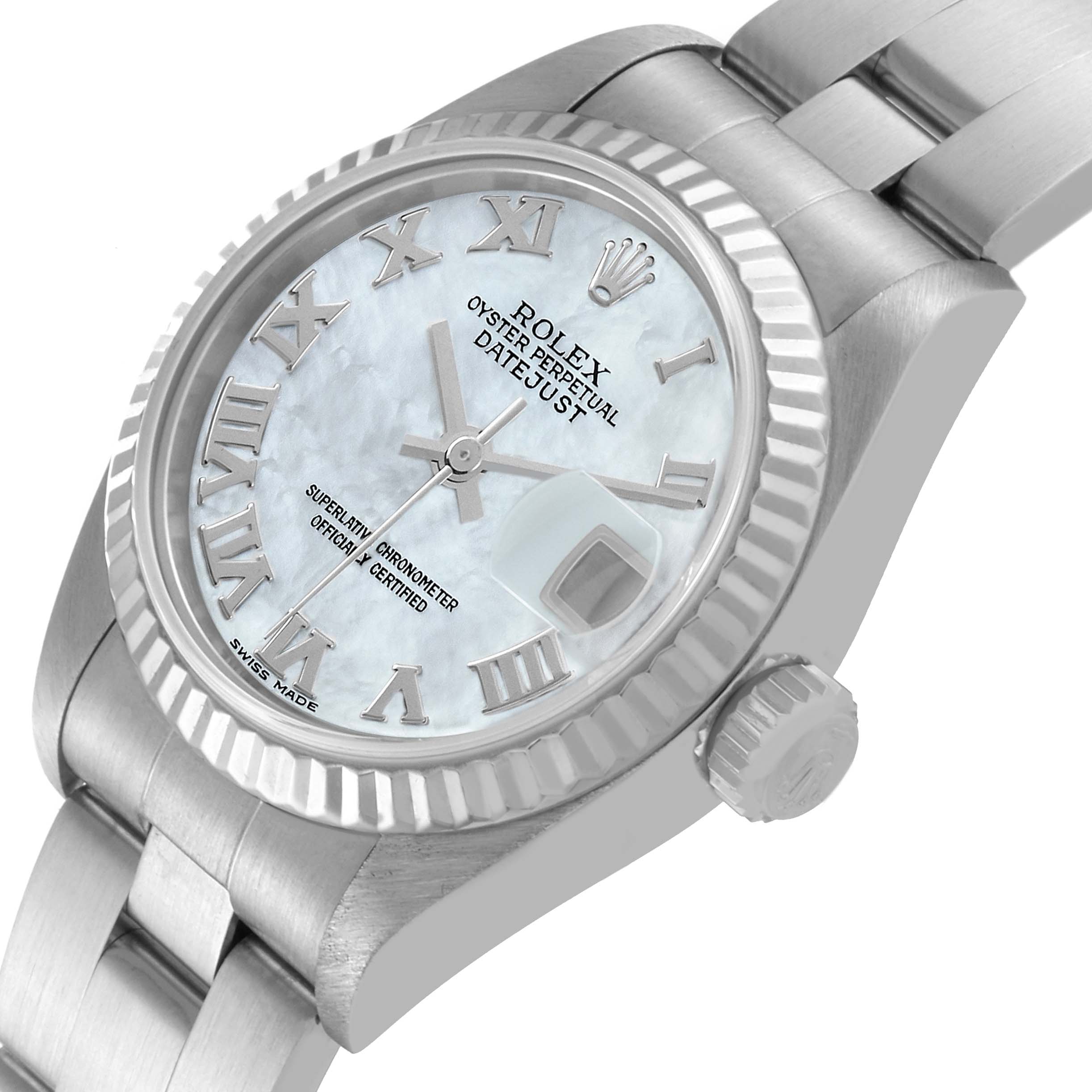 The image shows the face, bezel, and part of the bracelet of a Rolex Datejust 79174 Women's Stainless Steel Mother of Pearl Dial 79174 Women's Stainless Steel Mother of Pearl Dial watch, viewed from a slight side angle.