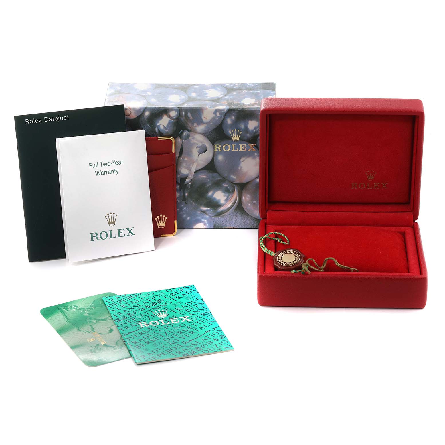 The image shows a Rolex Datejust 79174 Women's Stainless Steel Mother of Pearl Dial 79174 Women's Stainless Steel Mother of Pearl Dial watch box, warranty card, manuals, and accessories.