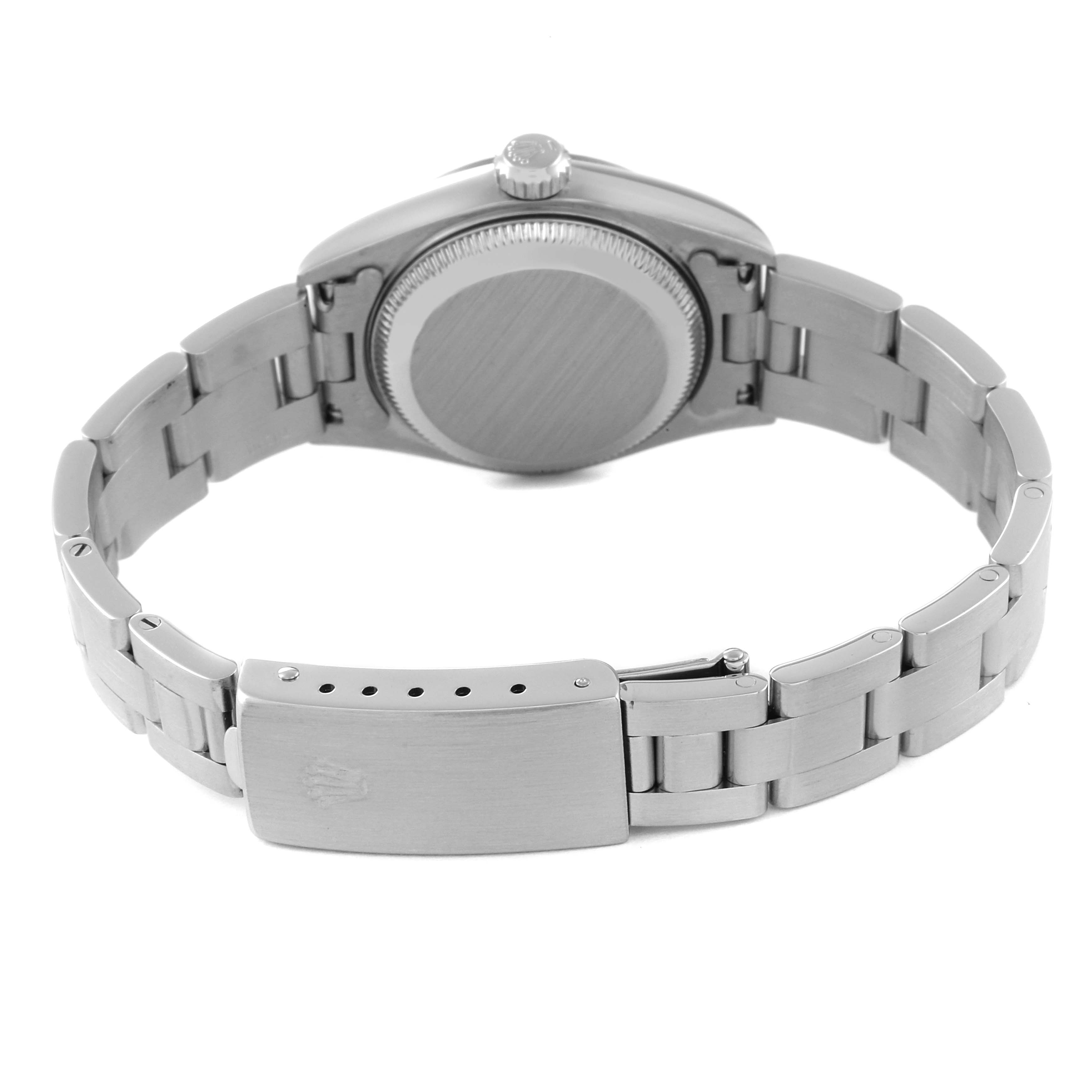 This image shows the back view of a Rolex Datejust 79174 Women's Stainless Steel Mother of Pearl Dial 79174 Women's Stainless Steel Mother of Pearl Dial watch, highlighting the closed case back, crown, and bracelet.