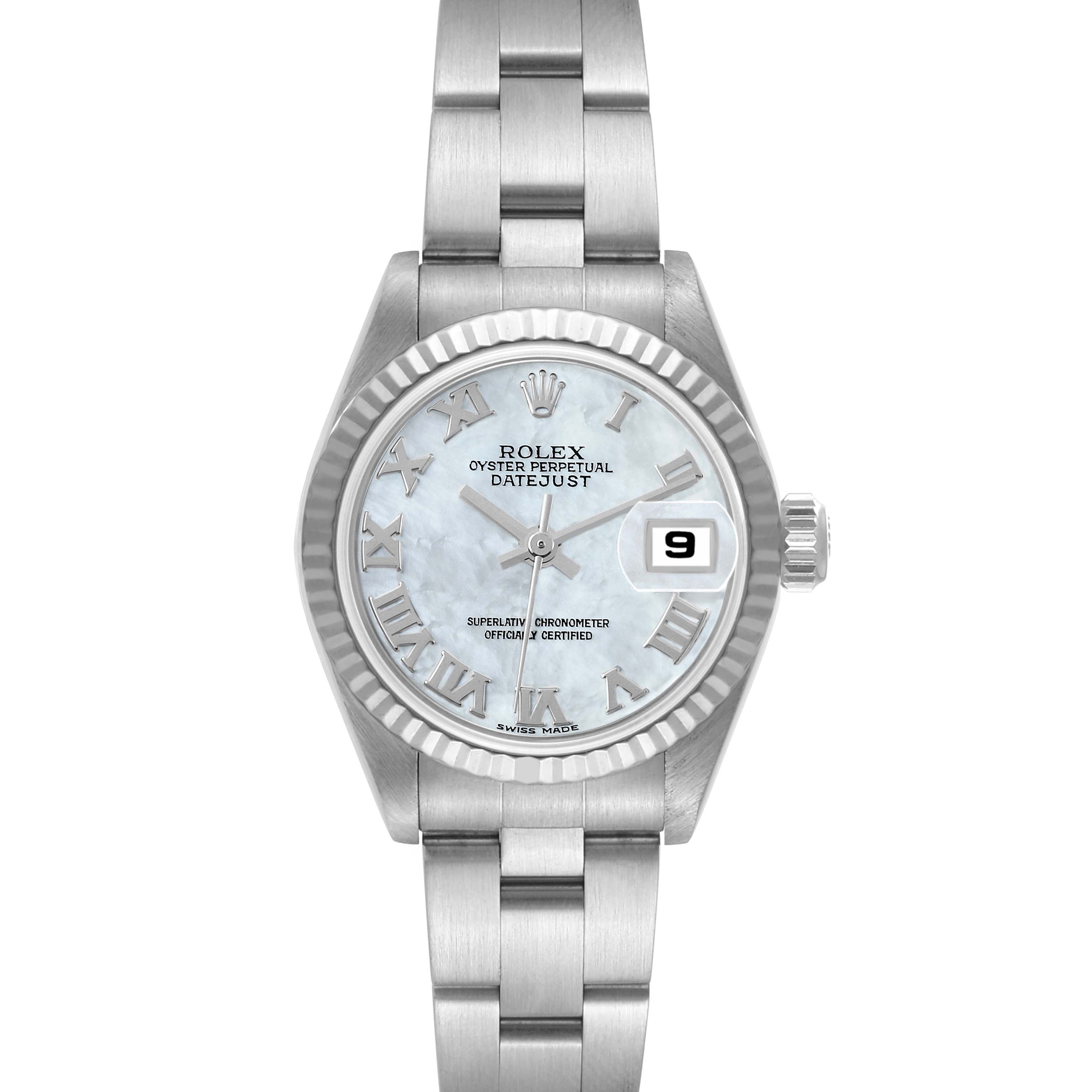 The image shows a front view of a Rolex Datejust 79174 Women's Stainless Steel Mother of Pearl Dial 79174 Women's Stainless Steel Mother of Pearl Dial watch, highlighting its dial, bezel, and bracelet.