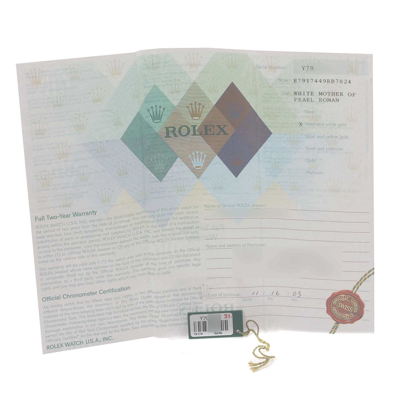 This image shows documentation and a tag for a Rolex Datejust 79174 Women's Stainless Steel Mother of Pearl Dial 79174 Women's Stainless Steel Mother of Pearl Dial watch, including warranty and chronometer certification.