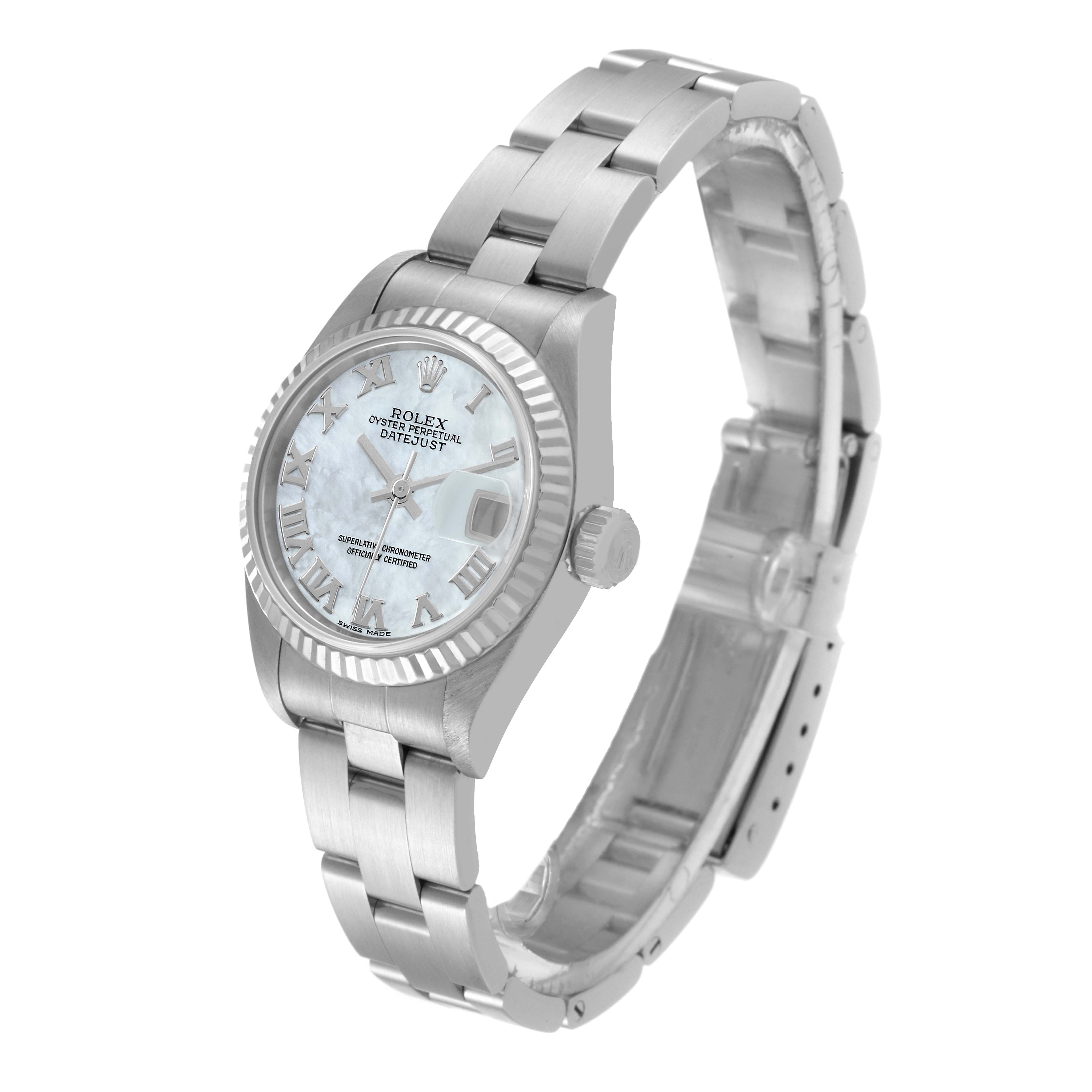 The image shows a side angle view of a Rolex Datejust 79174 Women's Stainless Steel Mother of Pearl Dial 79174 Women's Stainless Steel Mother of Pearl Dial watch, featuring the dial, bezel, crown, and bracelet.