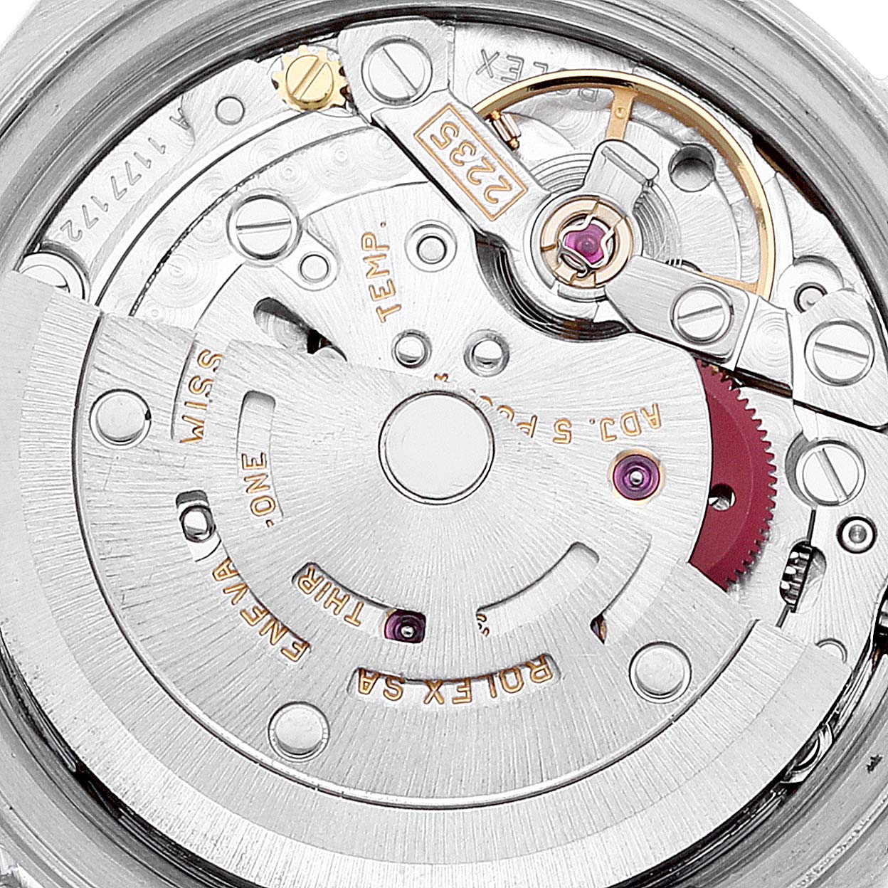 The image shows an internal view of a Rolex Datejust 79174 Women's Stainless Steel Mother of Pearl Dial 79174 Women's Stainless Steel Mother of Pearl Dial model, focusing on its mechanical movement parts.