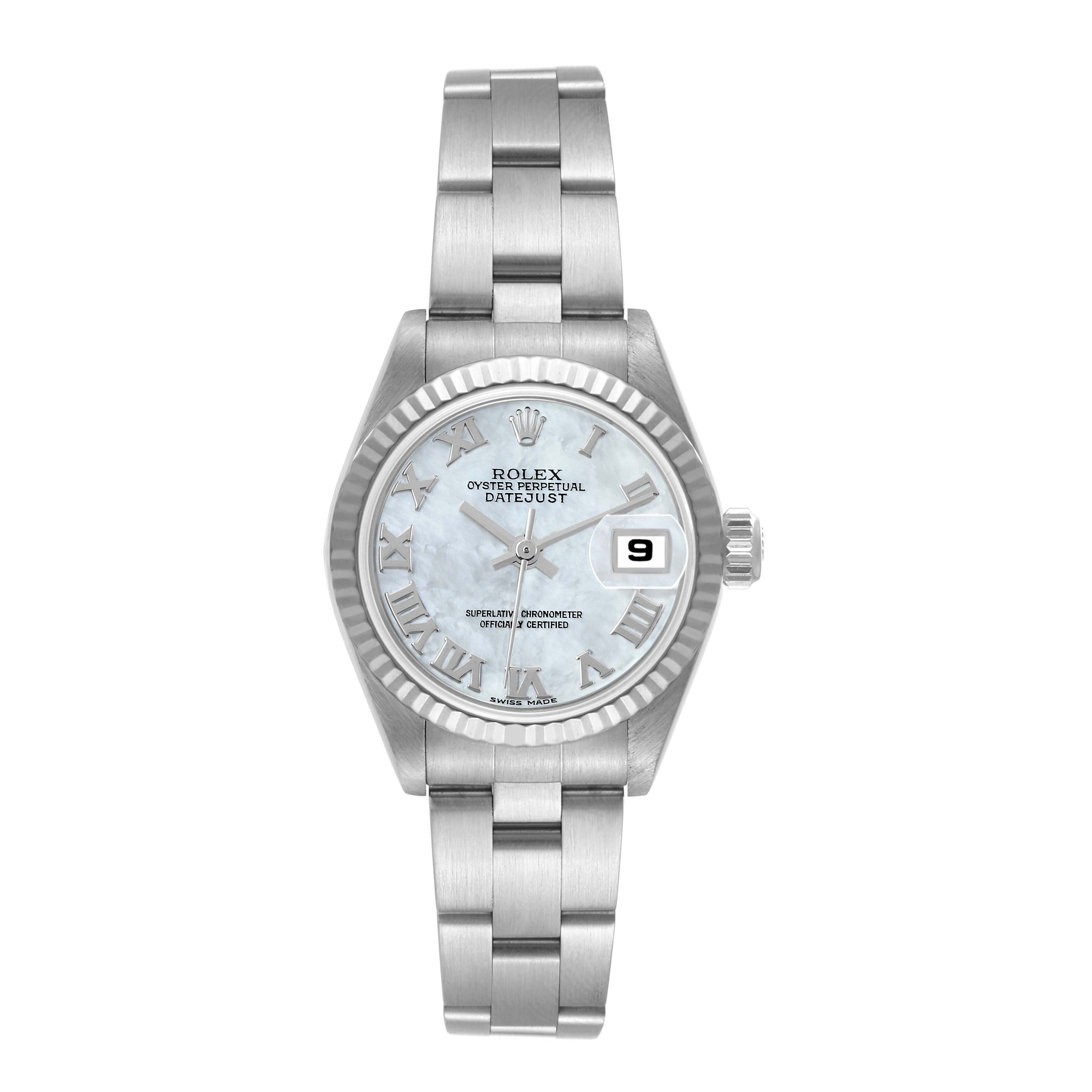 The image shows a frontal view of a Rolex Datejust 79174 Women's Stainless Steel Mother of Pearl Dial 79174 Women's Stainless Steel Mother of Pearl Dial watch, displaying the face, bezel, dial, bracelet, and date feature.