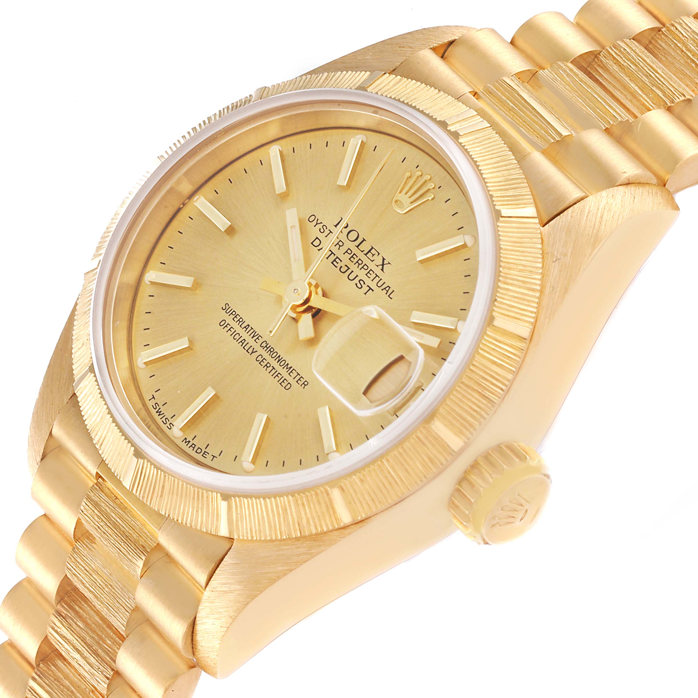The image shows a close-up of the Rolex President 69278 Women's Yellow Gold Champagne Dial 69278 Women's Yellow Gold Champagne Dial watch, highlighting the dial, bezel, crown, and part of the bracelet.
