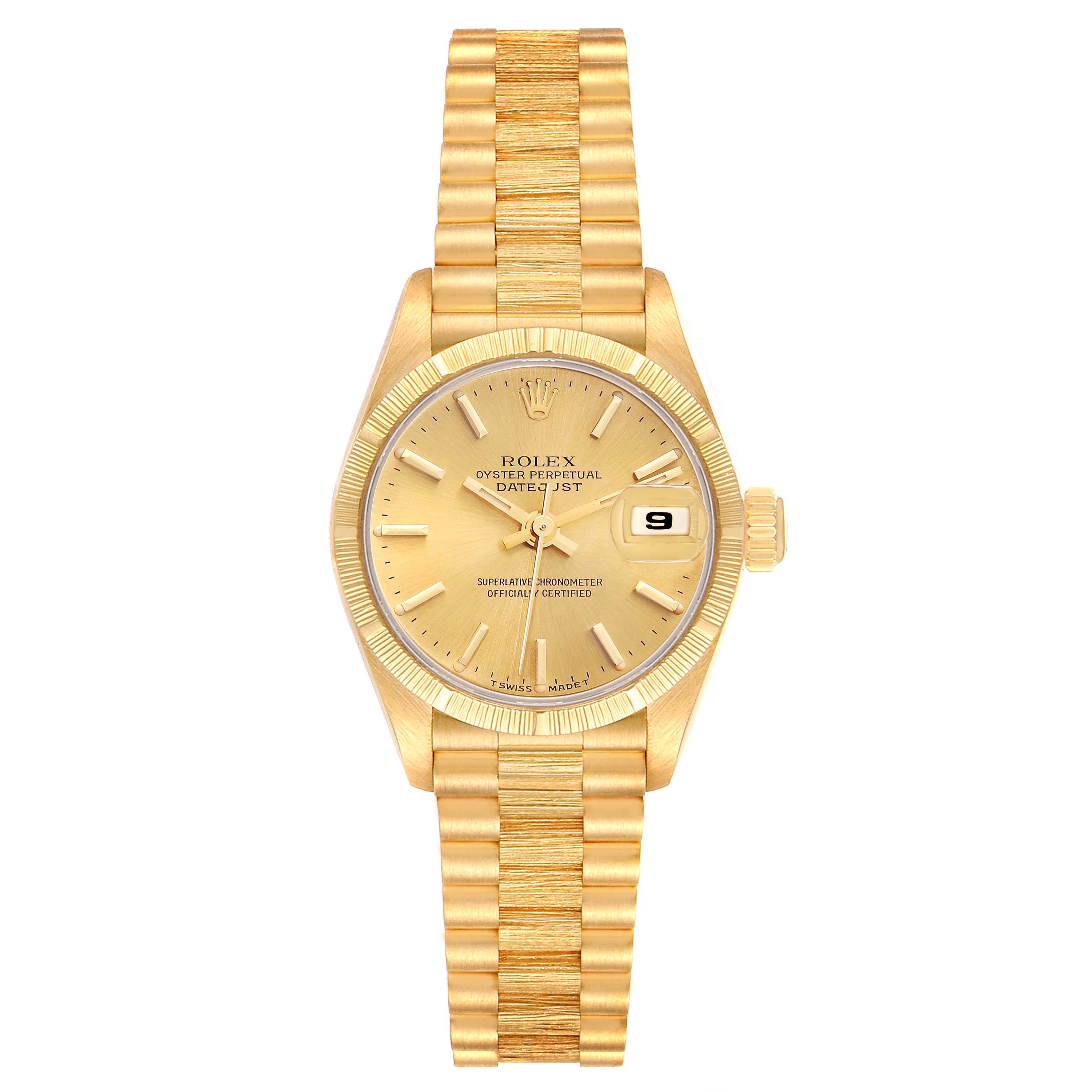 The image shows a front view of a Rolex President 69278 Women's Yellow Gold Champagne Dial 69278 Women's Yellow Gold Champagne Dial model watch, displaying the face, date window, and bracelet in gold.