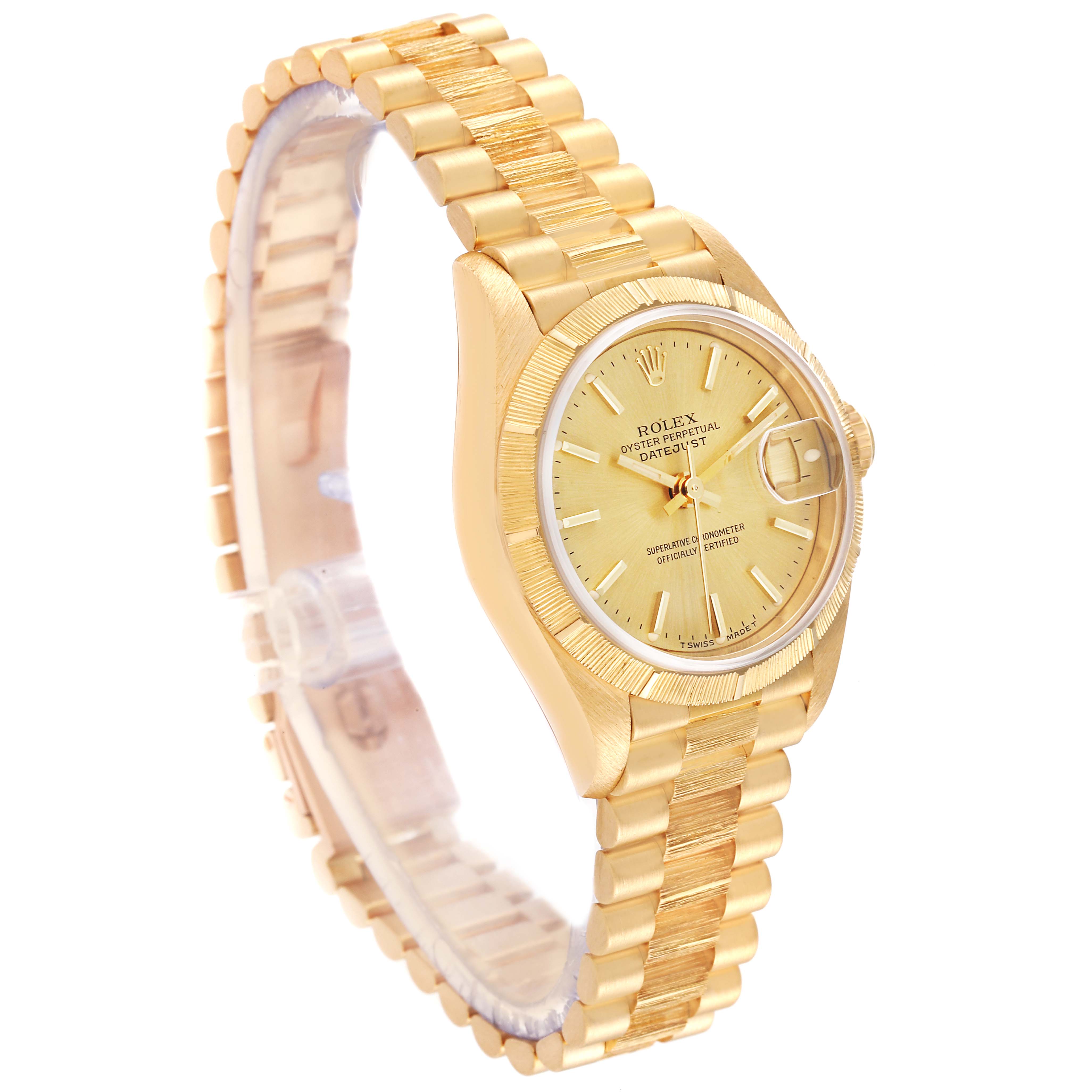 The Rolex President 69278 Women's Yellow Gold Champagne Dial 69278 Women's Yellow Gold Champagne Dial model watch is shown at an angled side view, displaying its gold bracelet, case, and face with date feature.