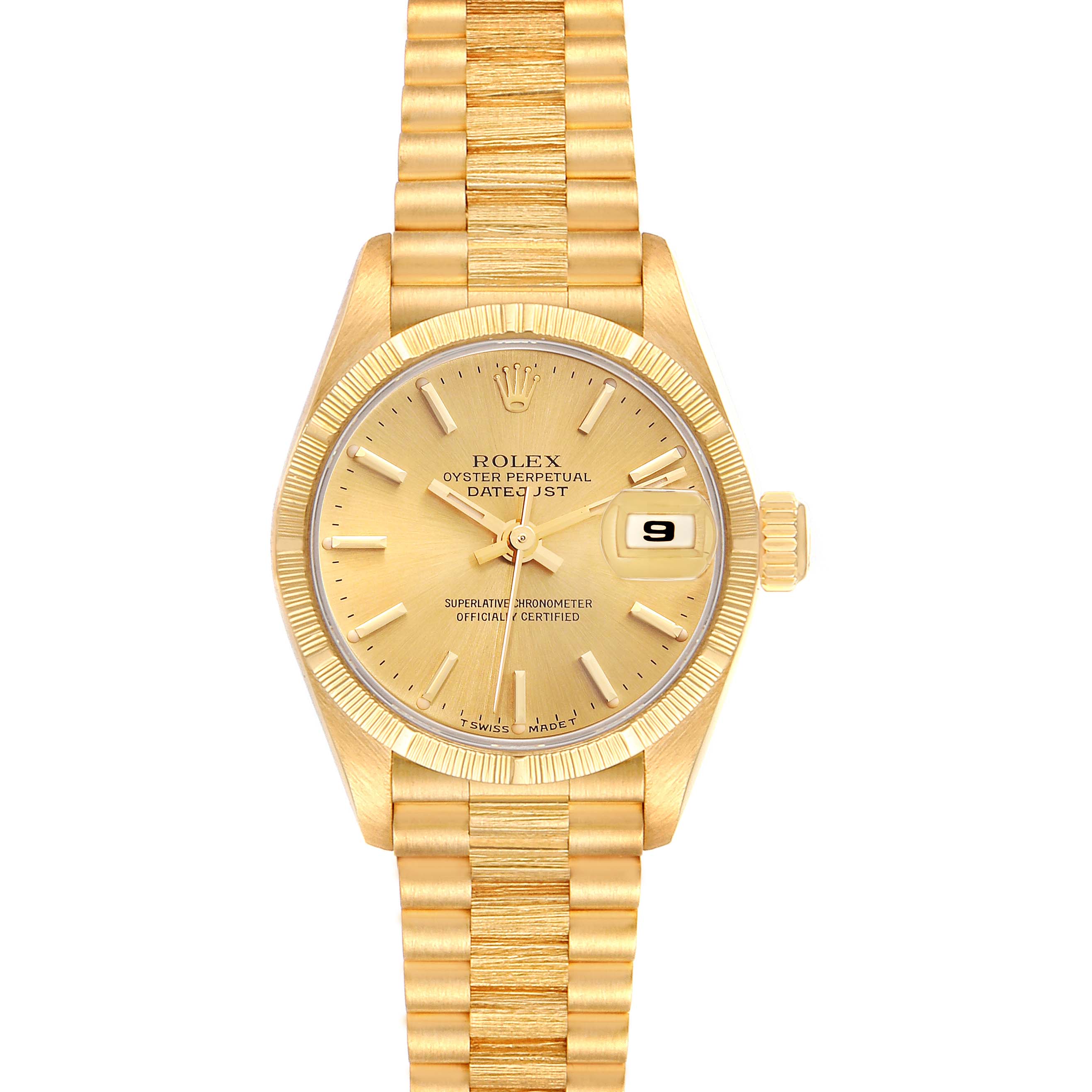 This image shows a frontal view of a Rolex President 69278 Women's Yellow Gold Champagne Dial 69278 Women's Yellow Gold Champagne Dial model watch, highlighting its gold bracelet, face, and date display.