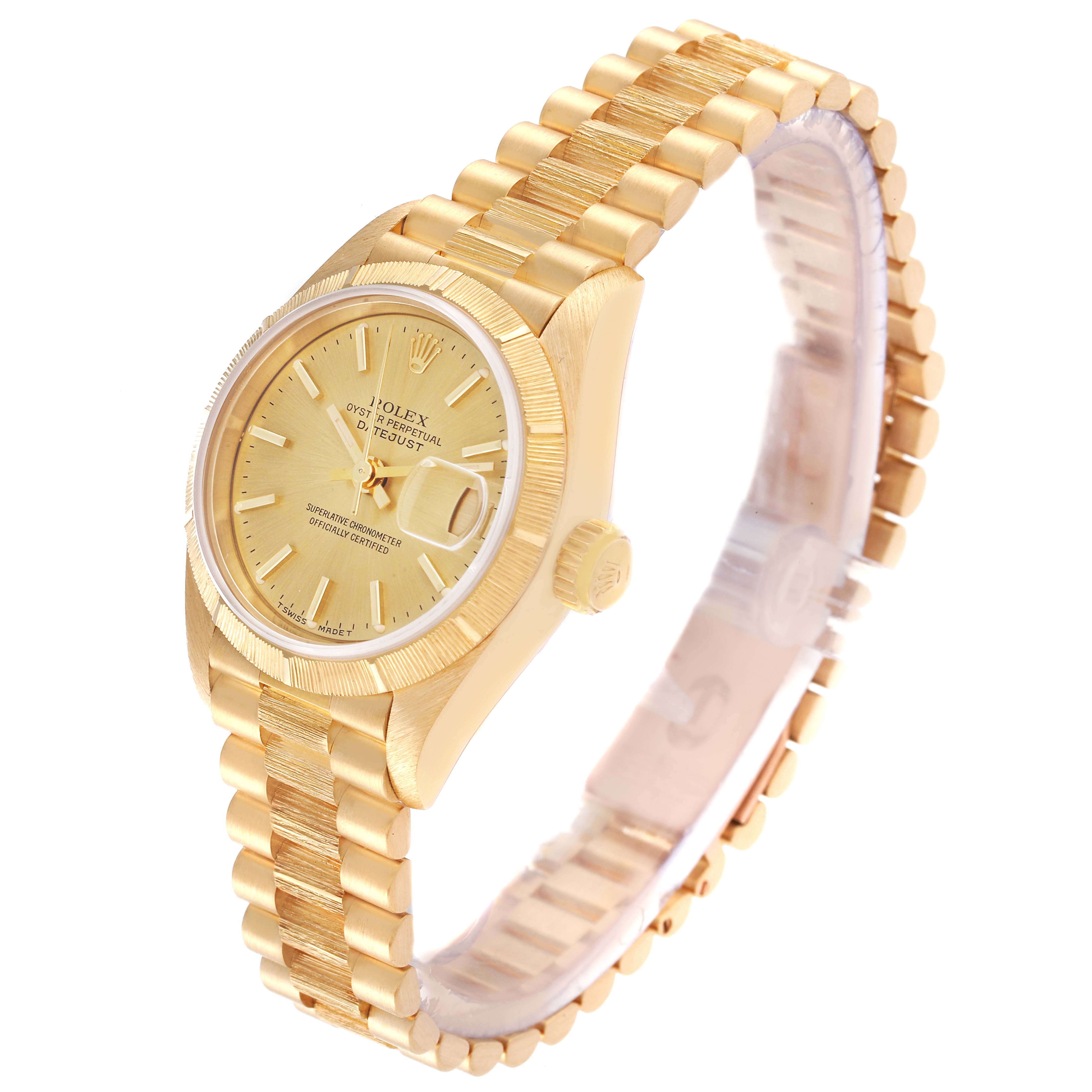 The image shows a side-angle view of a Rolex President 69278 Women's Yellow Gold Champagne Dial 69278 Women's Yellow Gold Champagne Dial model watch, highlighting the gold bracelet, case, dial, and crown.