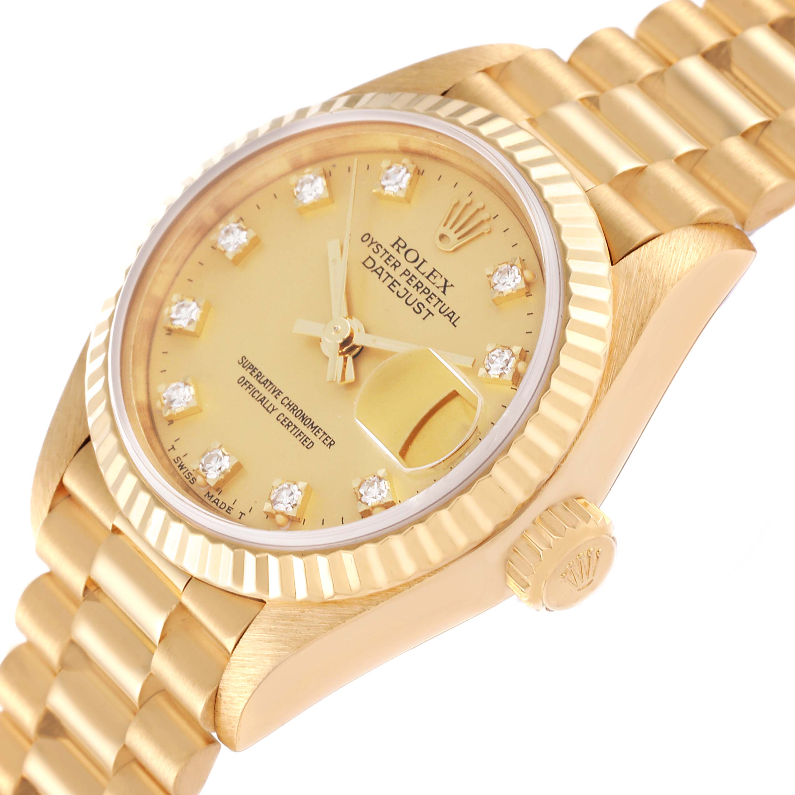 This image shows a close-up view of the Rolex President 69178 Women's Yellow Gold Champagne Dial 69178 Women's Yellow Gold Champagne Dial model, highlighting the dial, bezel, crown, and part of the bracelet.