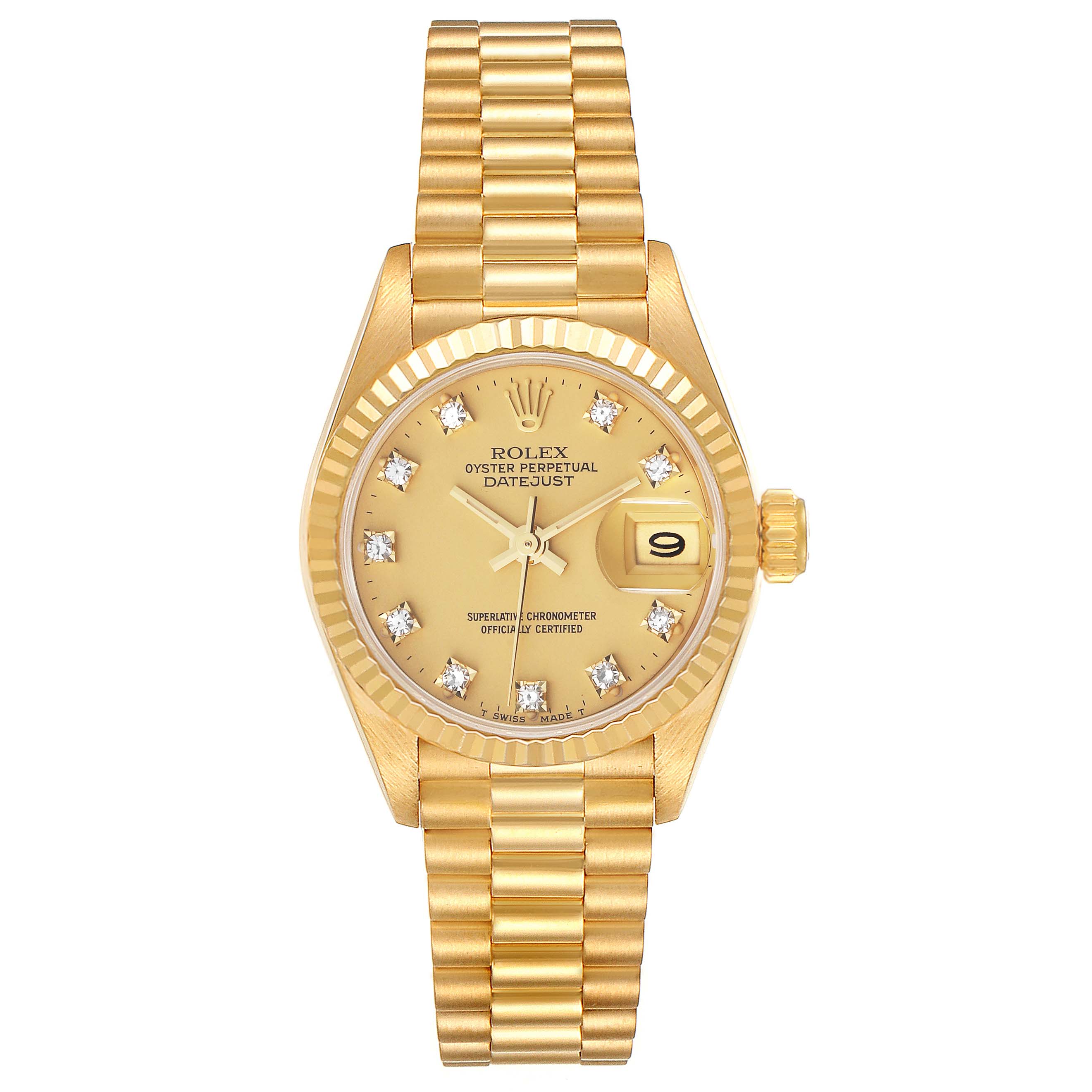 The Rolex President 69178 Women's Yellow Gold Champagne Dial 69178 Women's Yellow Gold Champagne Dial model watch is shown from a top-down angle, featuring the face, hands, date display, and full bracelet.