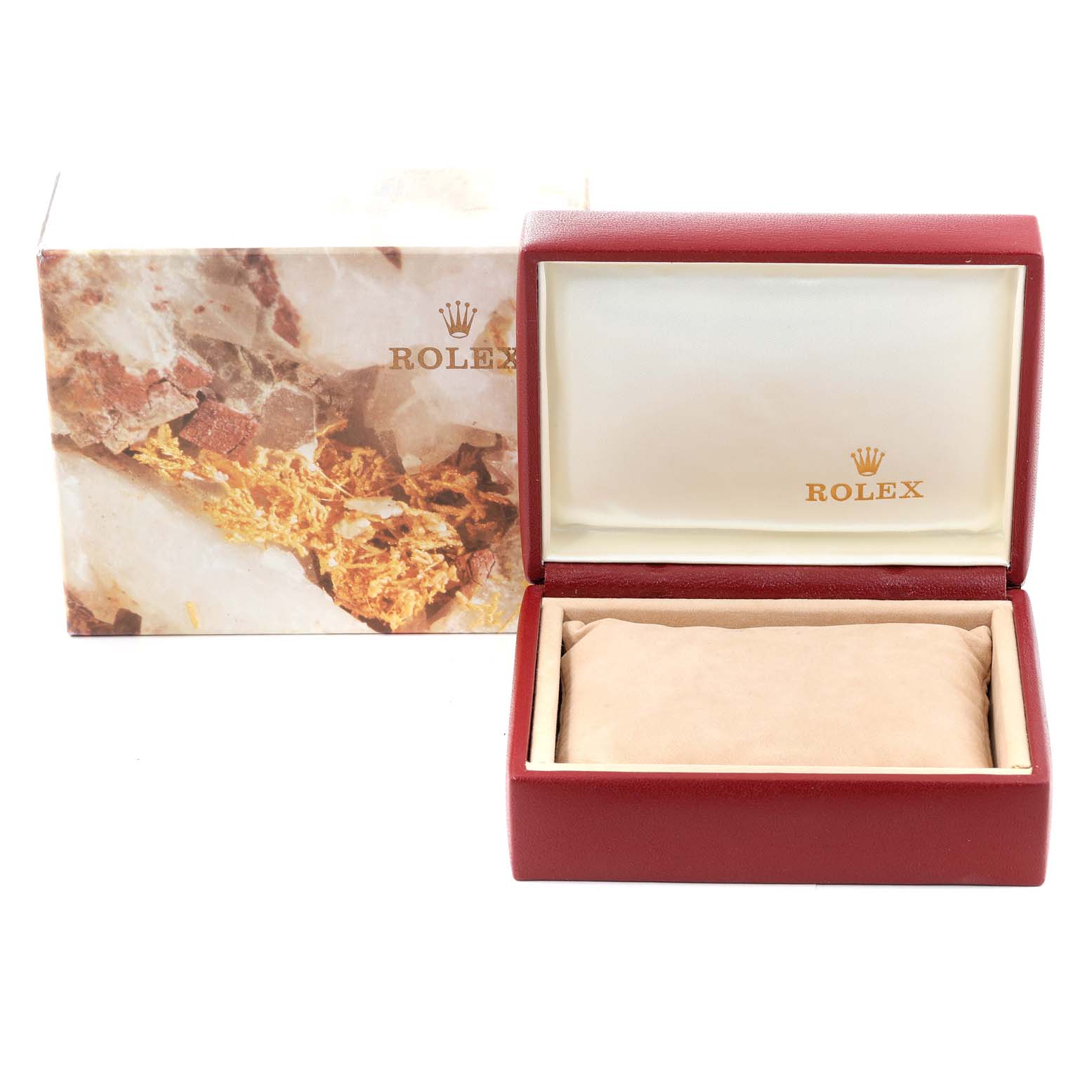 The image shows a Rolex President 69178 Women's Yellow Gold Champagne Dial 69178 Women's Yellow Gold Champagne Dial watch box and cushion, with the box open displaying the Rolex logo inside.