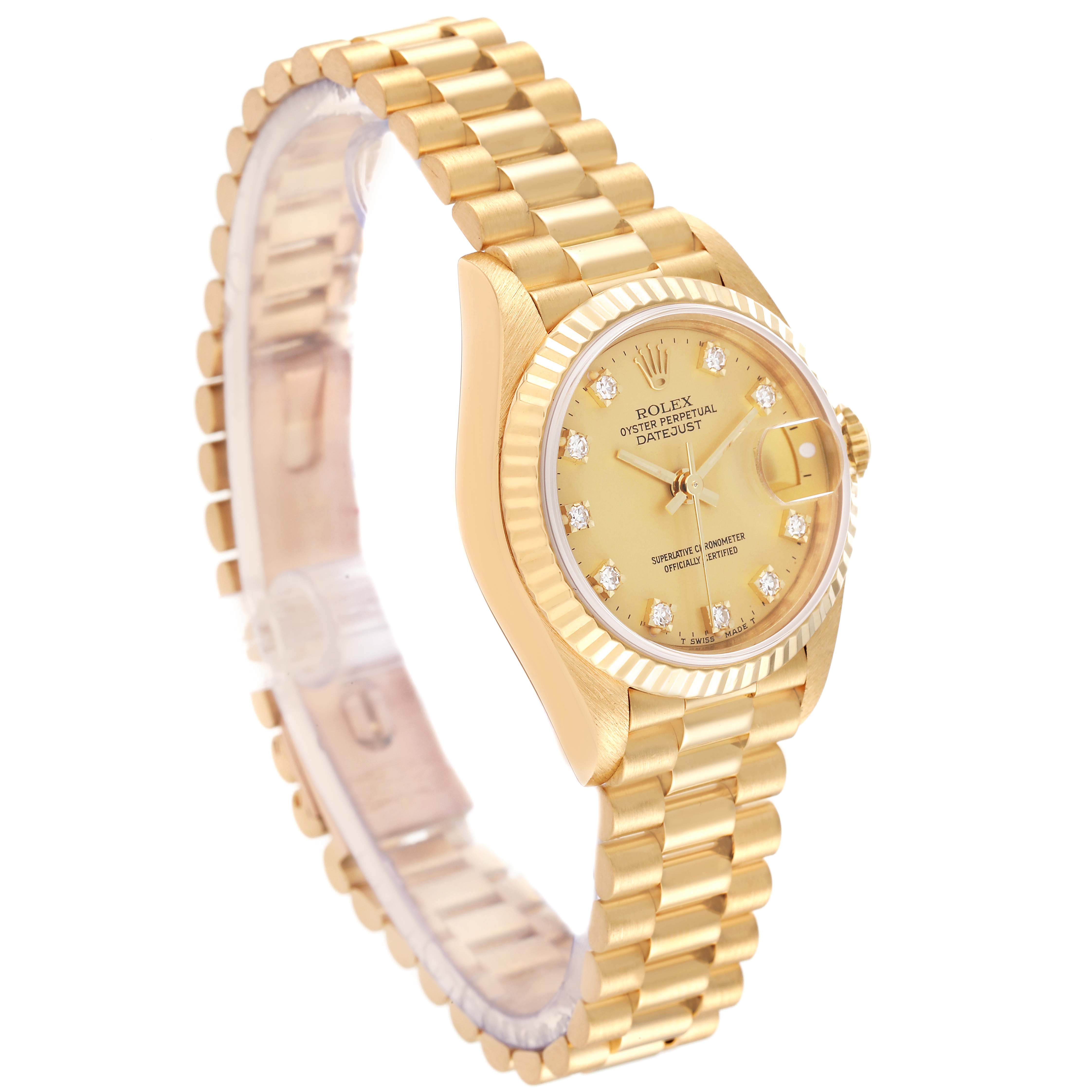 This is a side view of a Rolex President 69178 Women's Yellow Gold Champagne Dial 69178 Women's Yellow Gold Champagne Dial watch, displaying the bracelet, dial, and bezel.