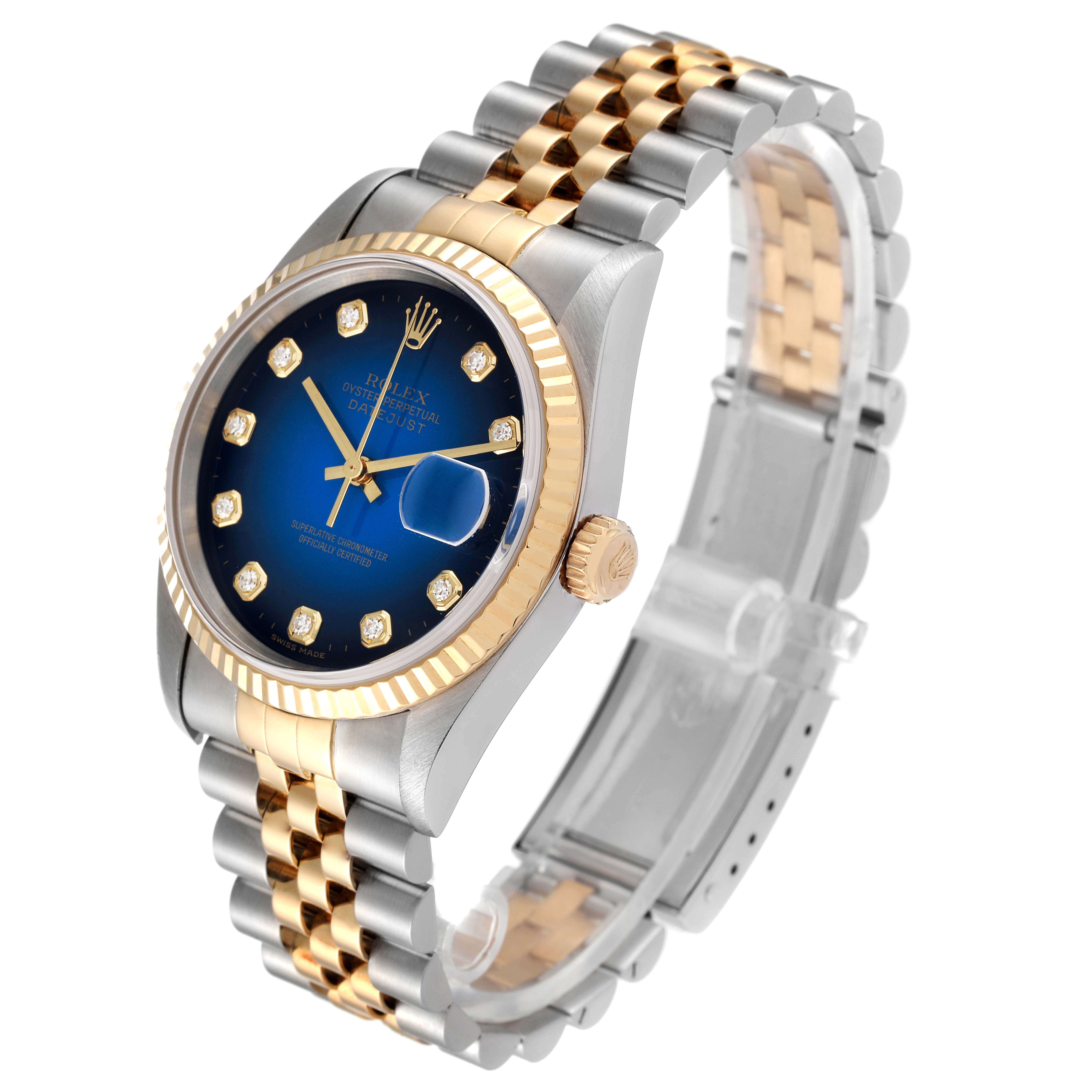 The image shows a side and angled view of a Rolex Datejust 16233 Men's Steel and Gold (two tone) Blue Dial 16233 Men's Steel and Gold (two tone) Blue Dial watch with a blue dial, two-tone jubilee bracelet, and fluted bezel.