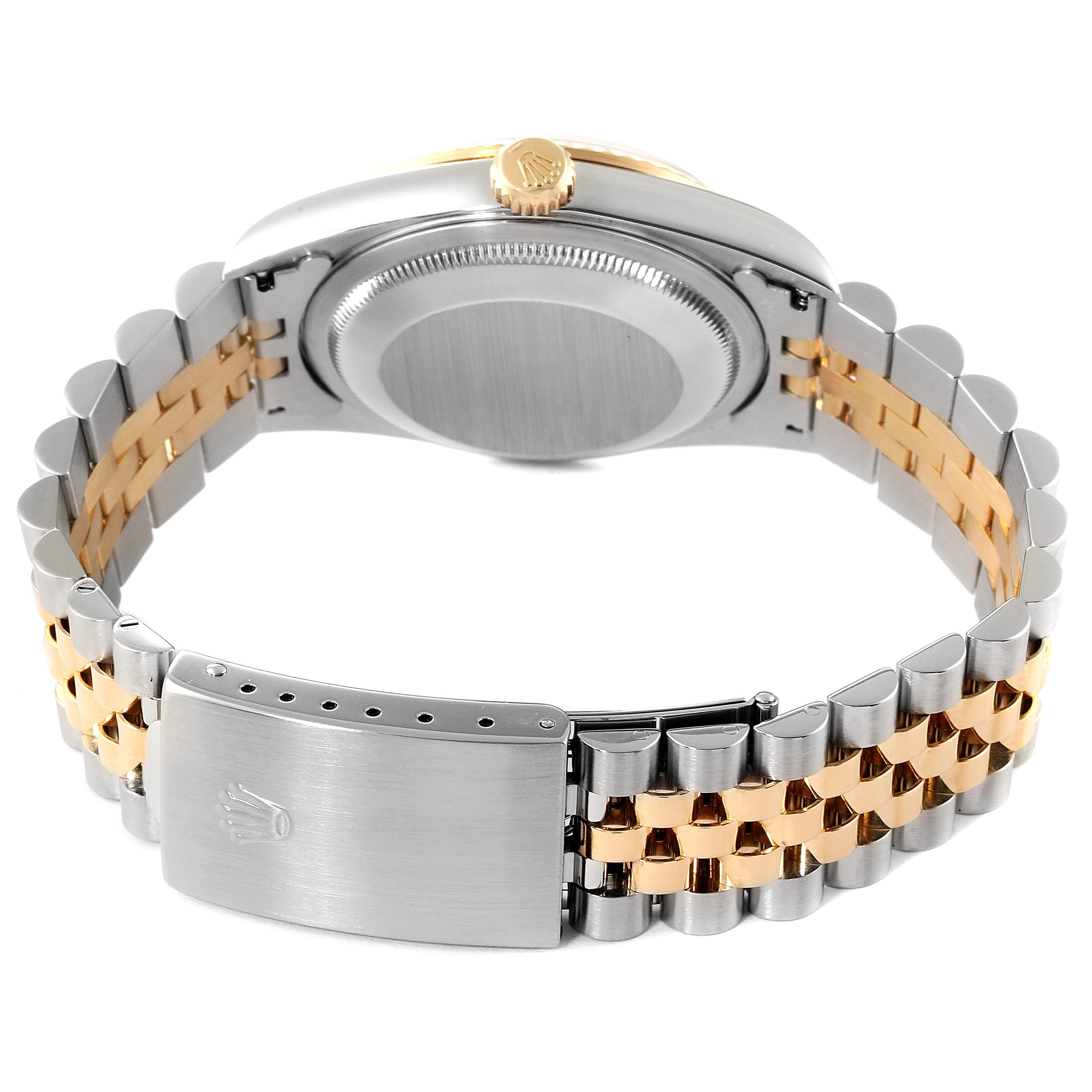 The image shows the back view of a Rolex Datejust 16233 Men's Steel and Gold (two tone) Blue Dial 16233 Men's Steel and Gold (two tone) Blue Dial model watch, highlighting the clasp, bracelet, and caseback.