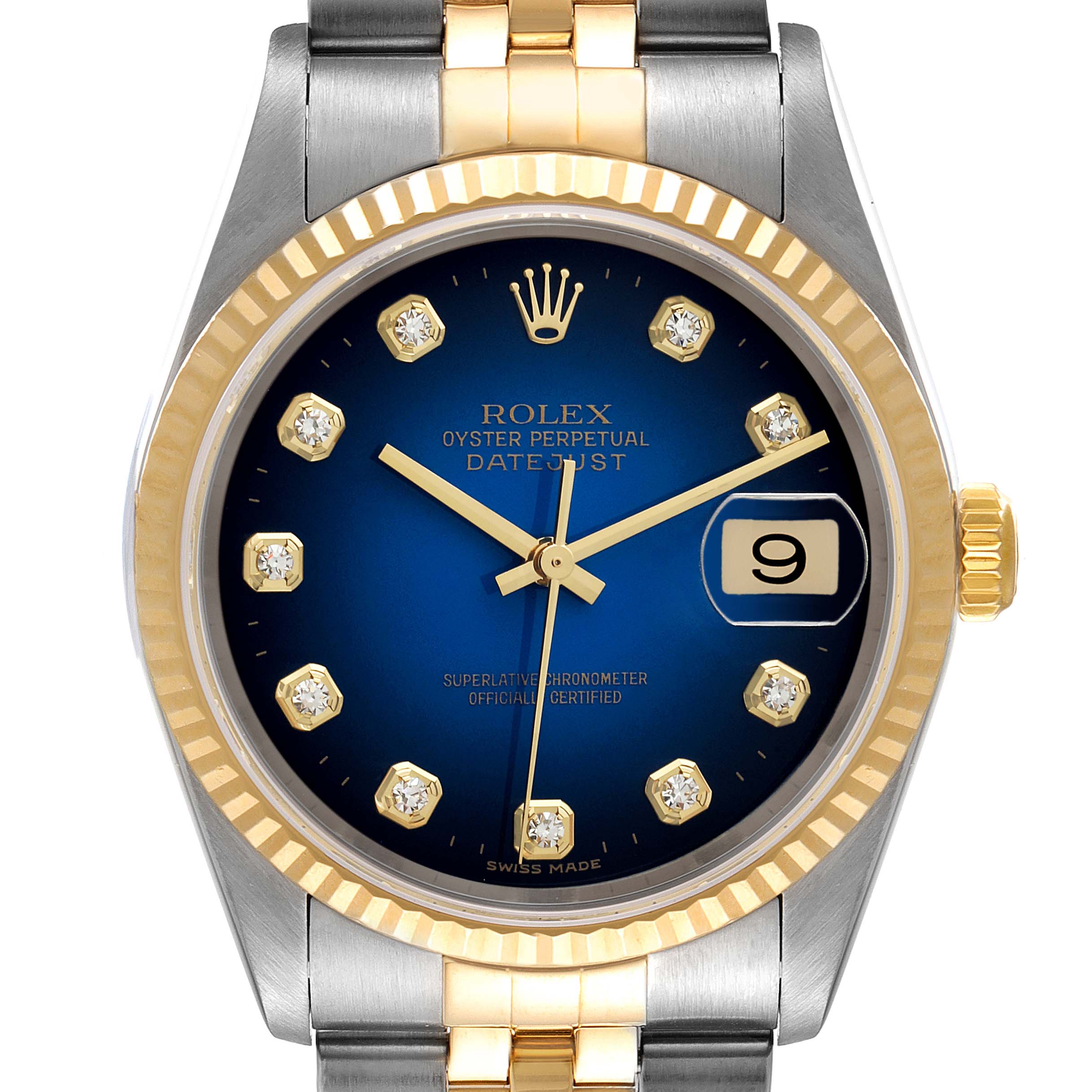 This Rolex Datejust 16233 Men's Steel and Gold (two tone) Blue Dial 16233 Men's Steel and Gold (two tone) Blue Dial watch is shown from the front, highlighting its blue dial, gold hour markers, and two-tone metal bracelet.