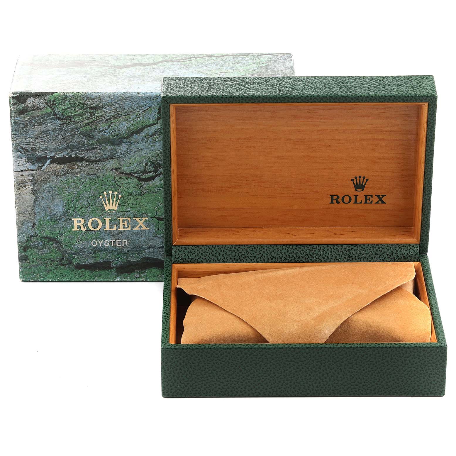 The image shows the packaging for a Rolex Datejust 16233 Men's Steel and Gold (two tone) Blue Dial 16233 Men's Steel and Gold (two tone) Blue Dial, featuring the outer box and open inner case with a suede pouch.