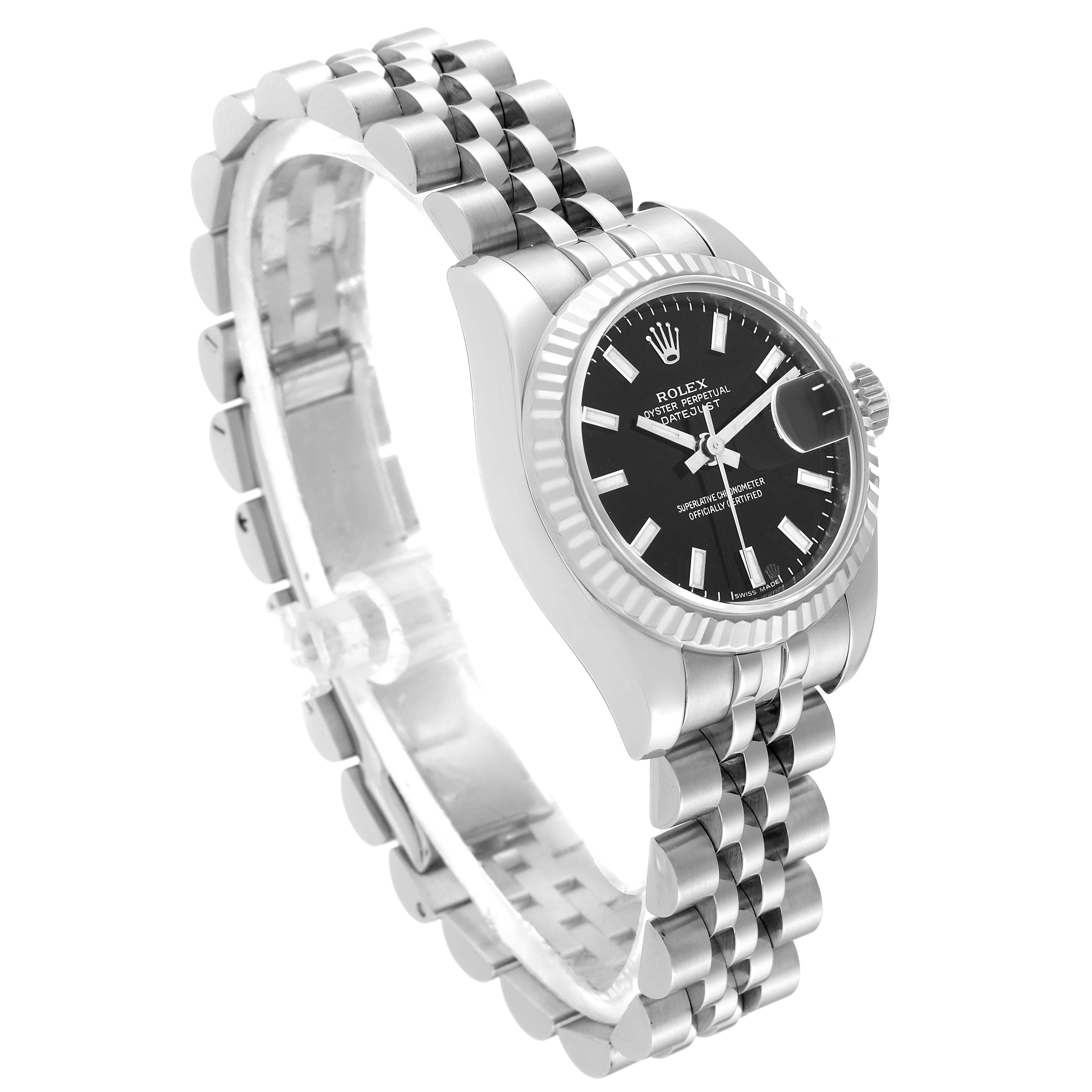 This image shows a Rolex Datejust 179174 Women's Stainless Steel Black Dial 179174 Women's Stainless Steel Black Dial model watch at an angle, showcasing the dial, bezel, and bracelet.
