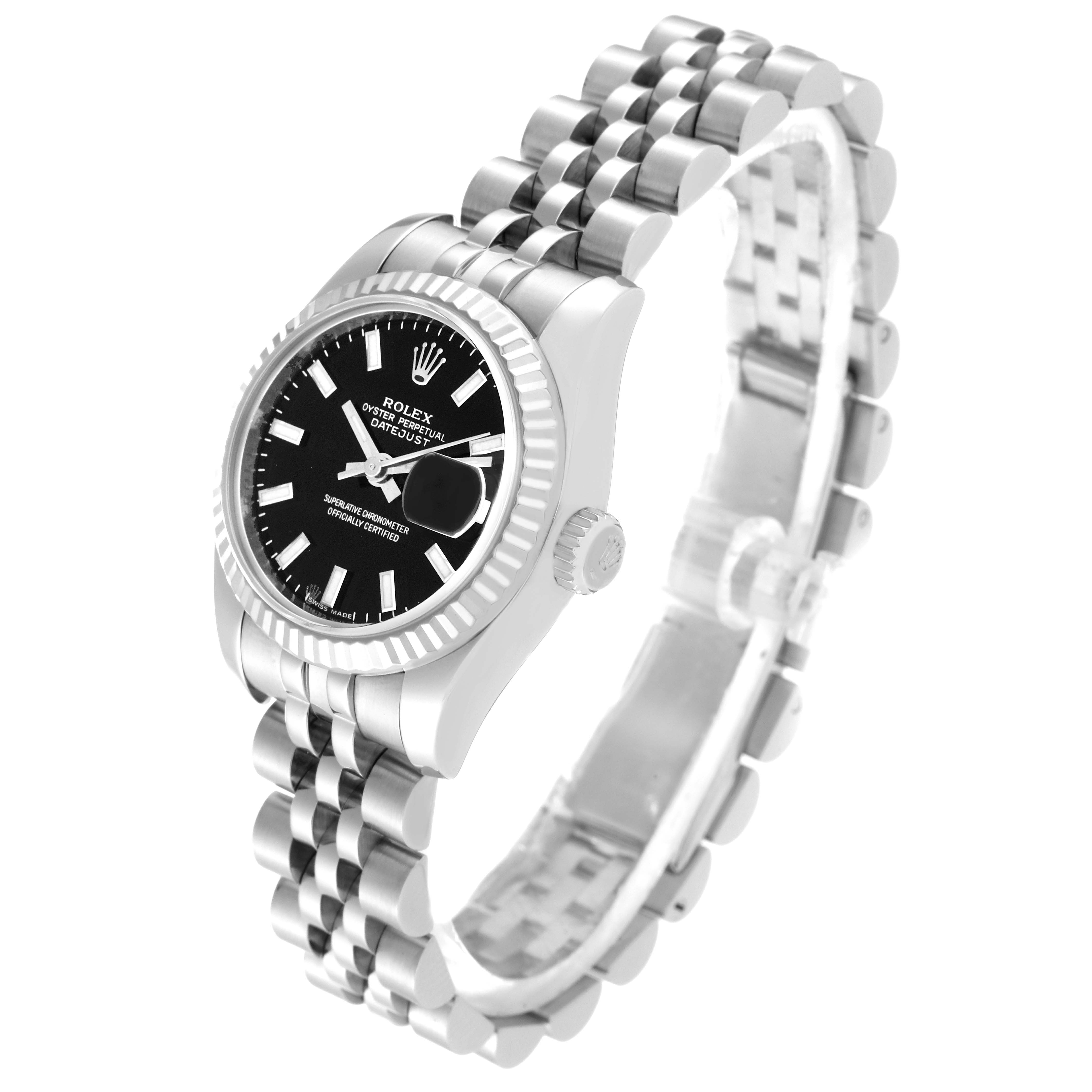 The image shows a Rolex Datejust 179174 Women's Stainless Steel Black Dial 179174 Women's Stainless Steel Black Dial watch at a three-quarter angle, highlighting its dial, bezel, crown, and bracelet.
