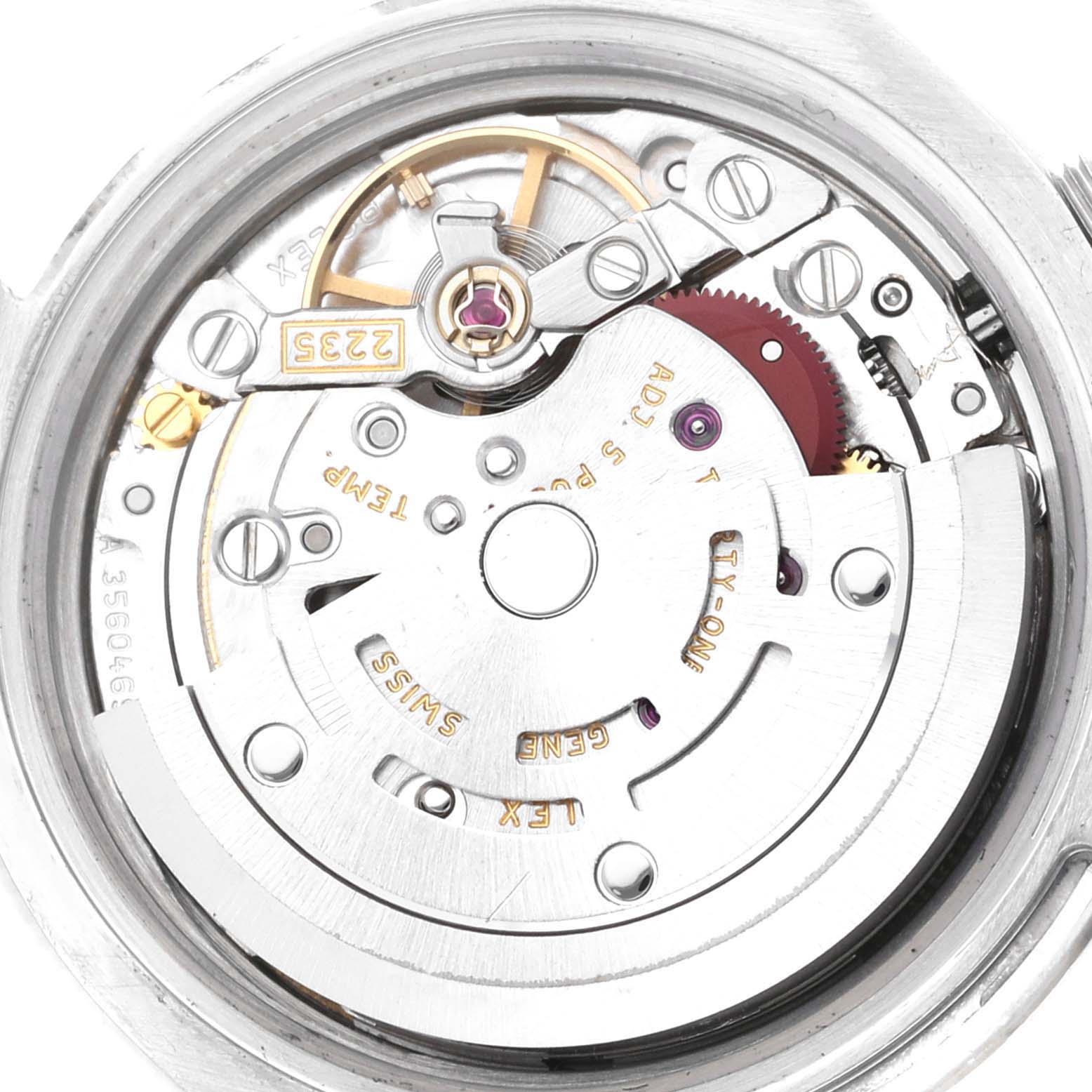 This is a close-up view showing the internal movement mechanism of a Rolex Datejust 179174 Women's Stainless Steel Black Dial 179174 Women's Stainless Steel Black Dial watch.