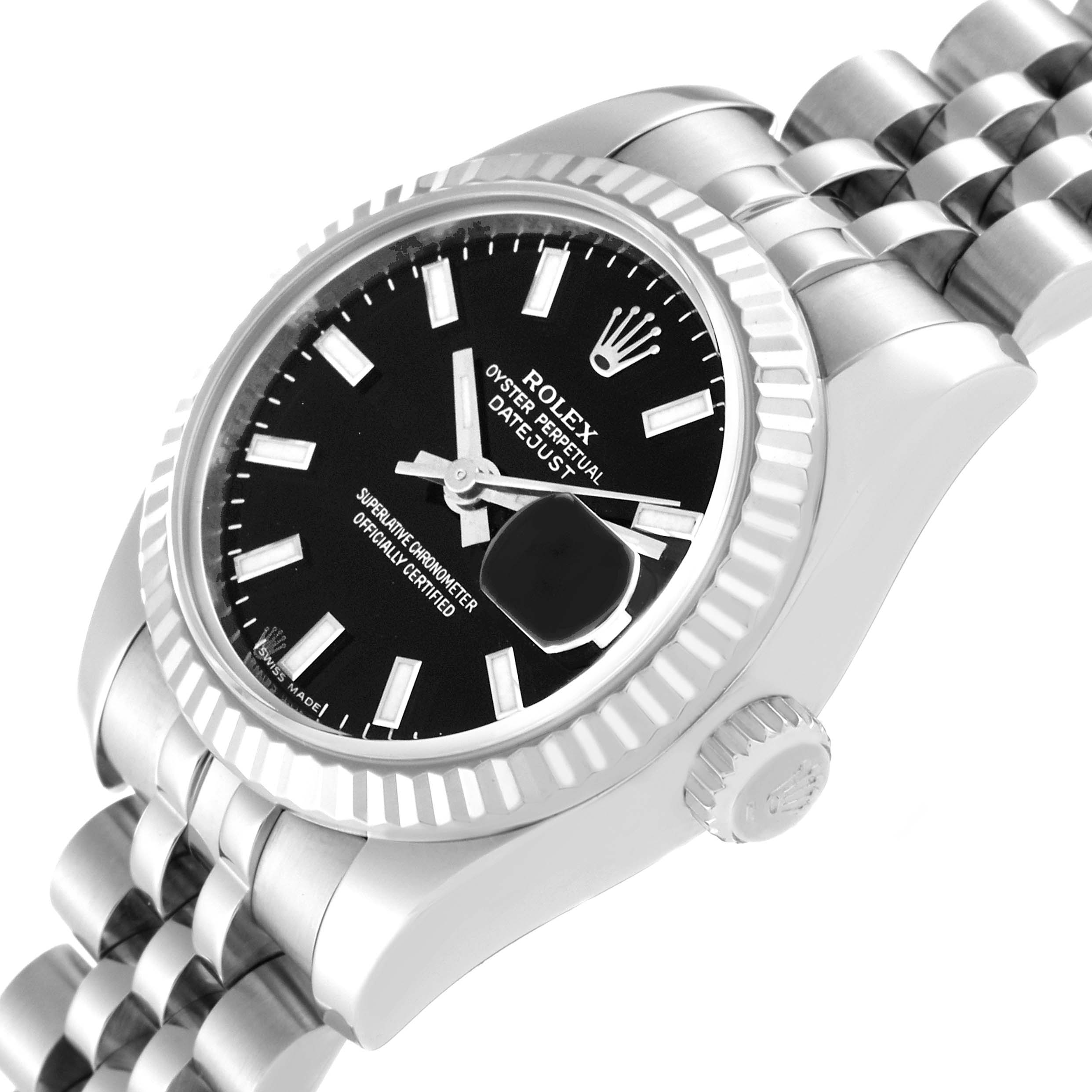The image shows a Rolex Datejust 179174 Women's Stainless Steel Black Dial 179174 Women's Stainless Steel Black Dial watch at an angle displaying the face, bezel, crown, and part of the bracelet.