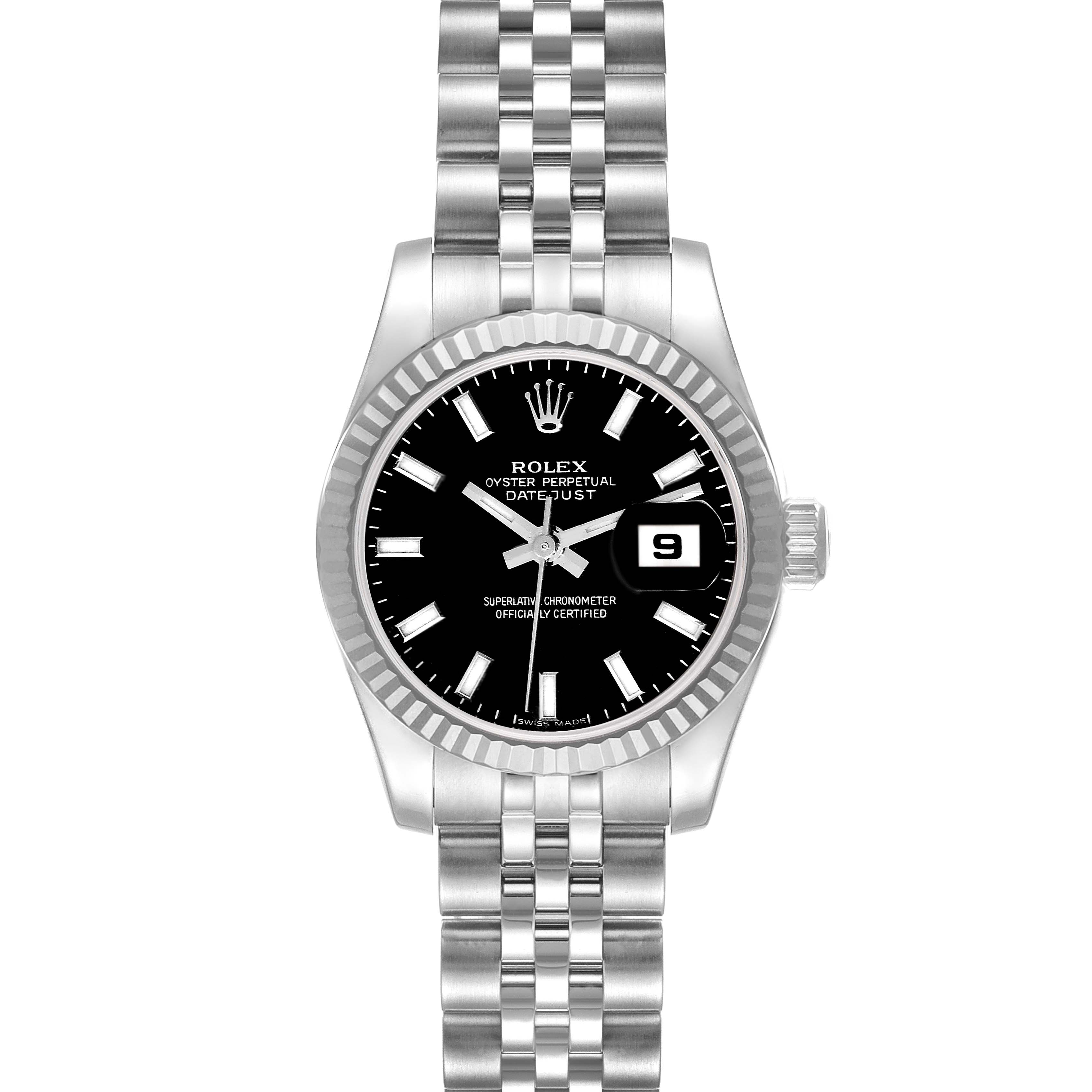 The image shows a Rolex Datejust 179174 Women's Stainless Steel Black Dial 179174 Women's Stainless Steel Black Dial watch in a frontal view, displaying its face, bezel, and stainless steel bracelet.