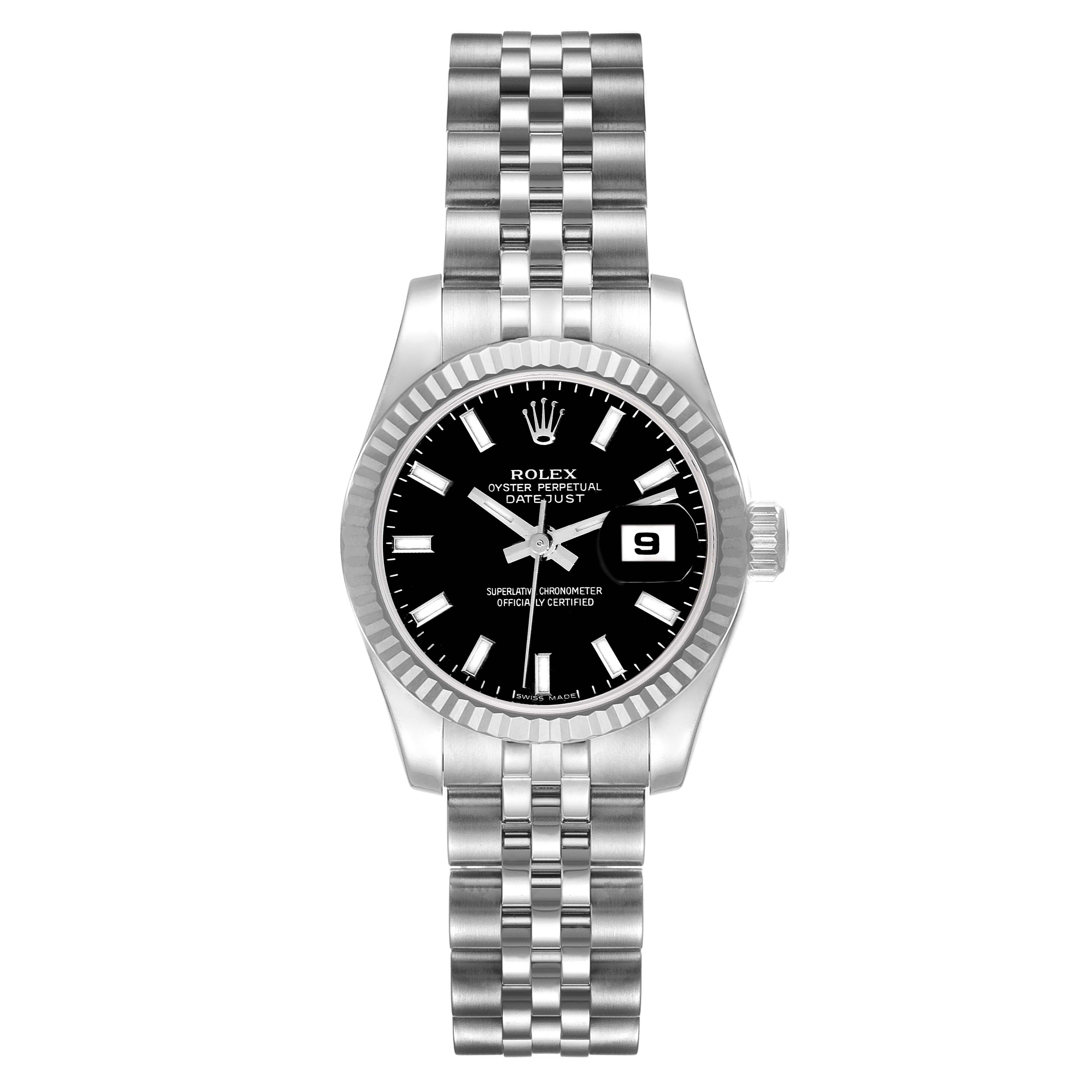 This Rolex Datejust 179174 Women's Stainless Steel Black Dial 179174 Women's Stainless Steel Black Dial watch is shown from a top-down angle, highlighting its dial, bezel, crown, and bracelet.
