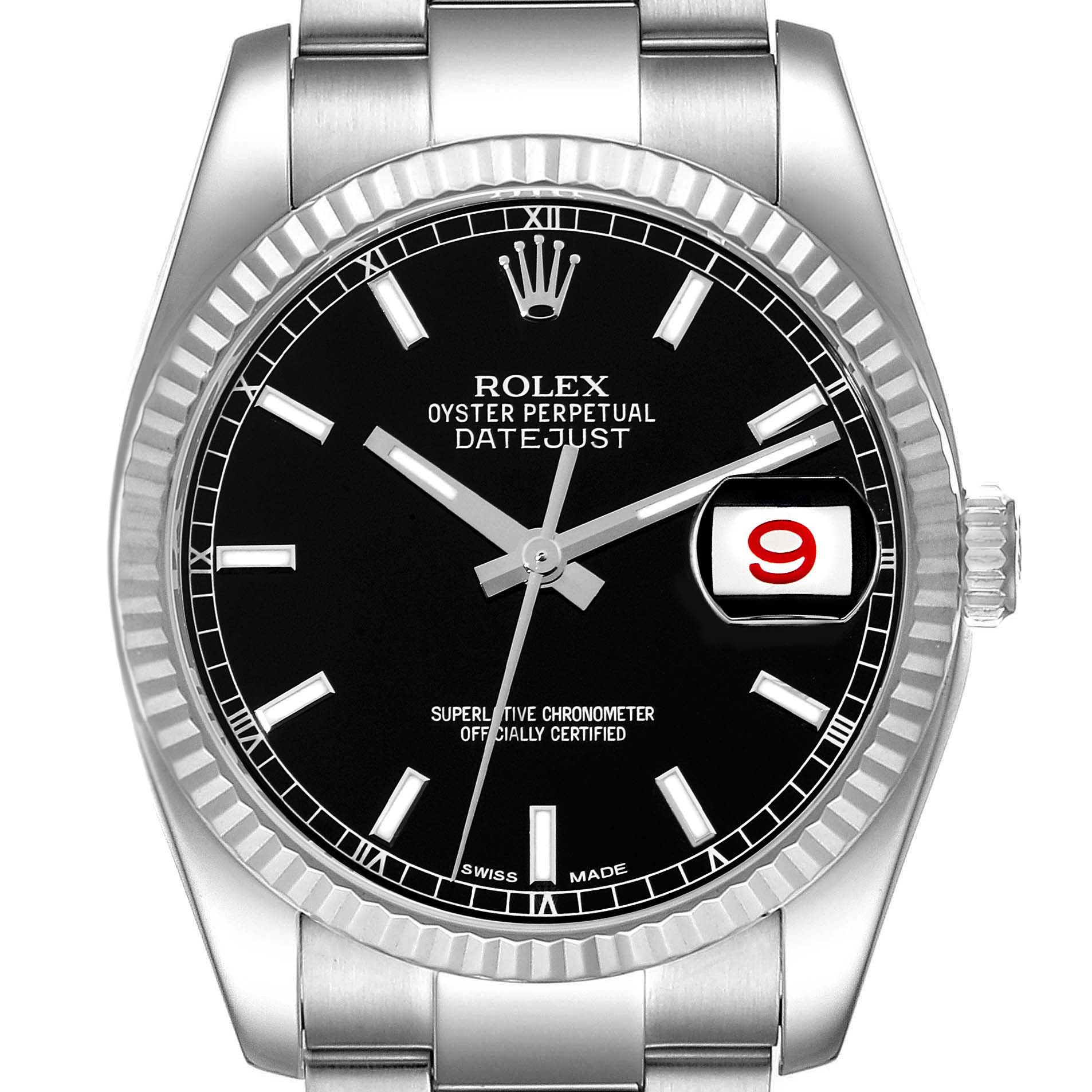 The image shows a front view of a Rolex Datejust 116234 Men's Stainless Steel Black Dial 116234 Men's Stainless Steel Black Dial watch, highlighting the dial, bezel, hands, and bracelet in detail.