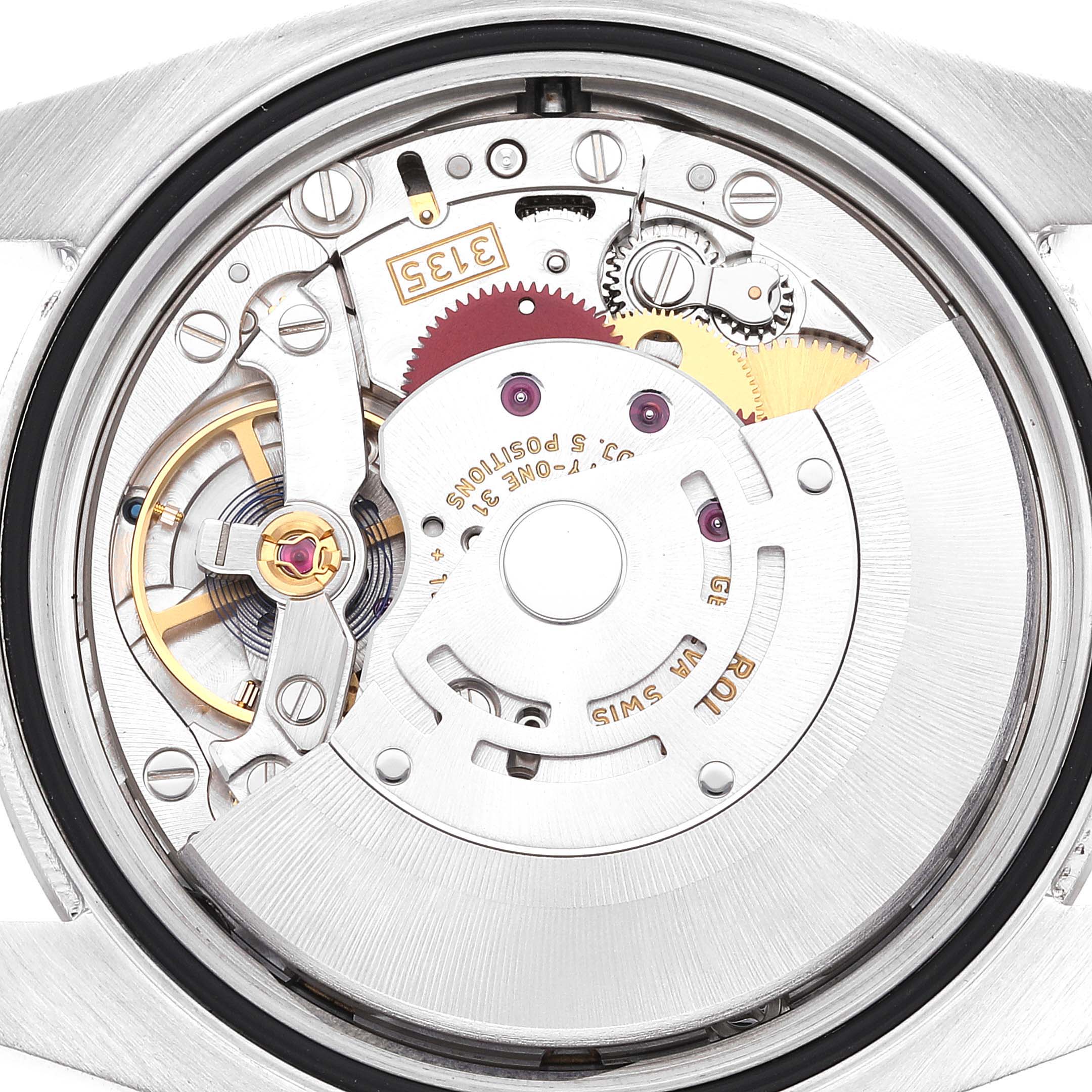 This is an image of the internal mechanism of a Rolex Datejust 116234 Men's Stainless Steel Black Dial 116234 Men's Stainless Steel Black Dial watch, shown from the case-back view.