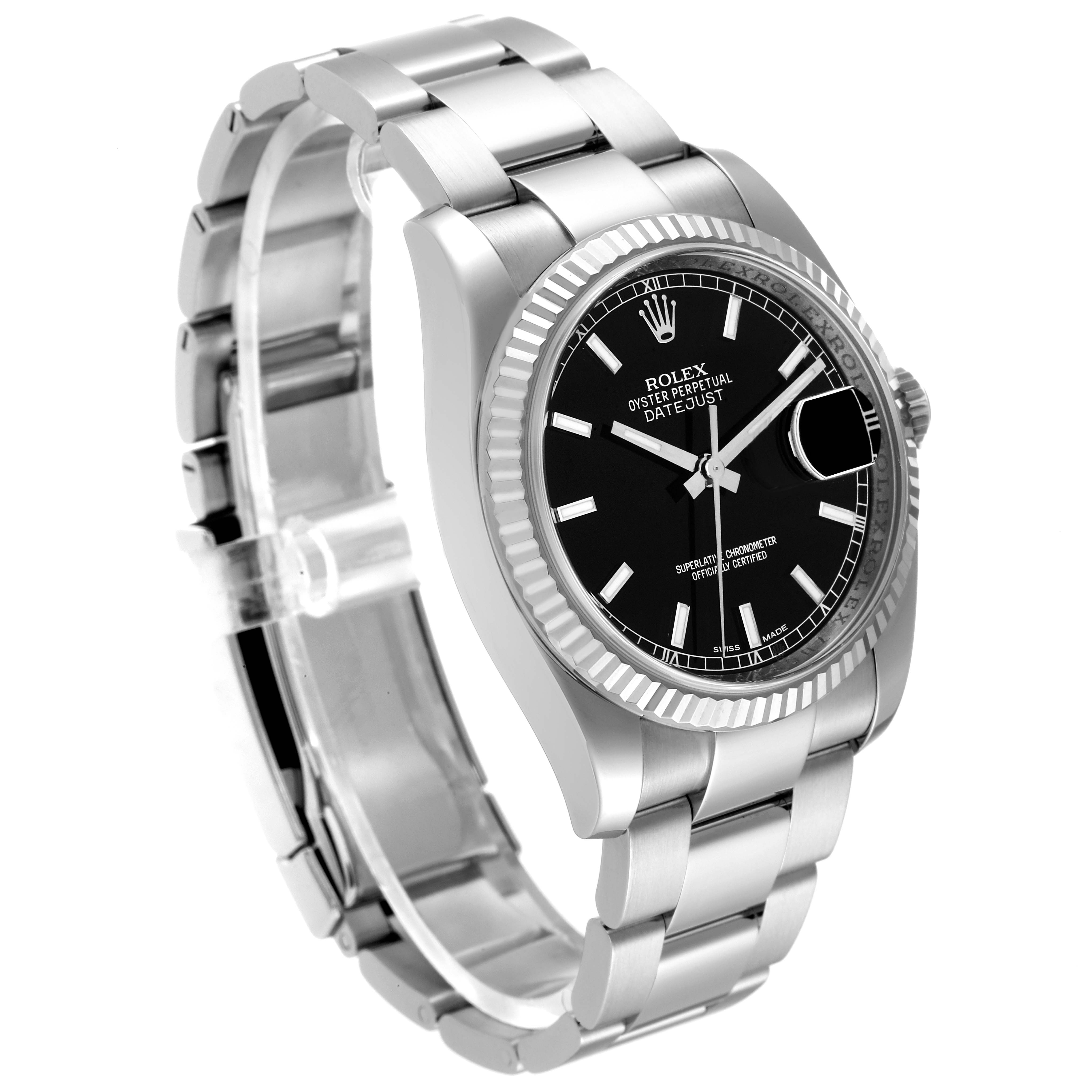 The image shows a Rolex Datejust 116234 Men's Stainless Steel Black Dial 116234 Men's Stainless Steel Black Dial watch at an angled side view, highlighting the bracelet, case, bezel, and black dial.